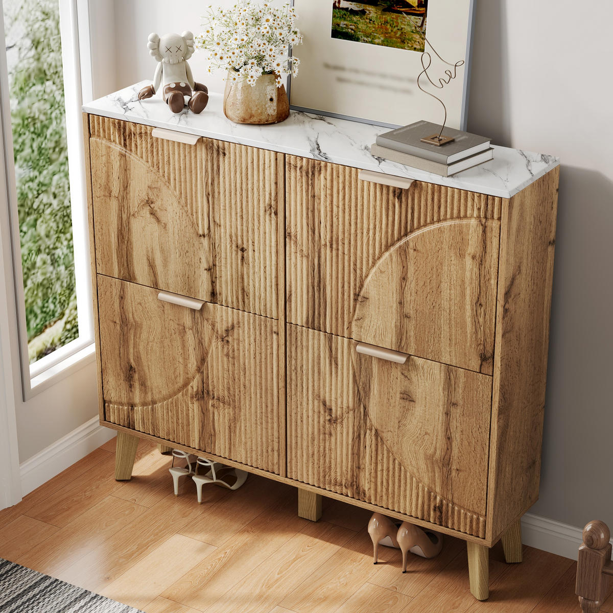 SCHUHSCHRANK aus MDF 105x24x95,5cm in Natur mit 4 Klapptüren - Naturfarben, Holzwerkstoff (105/95.5/24cm) - Modfu