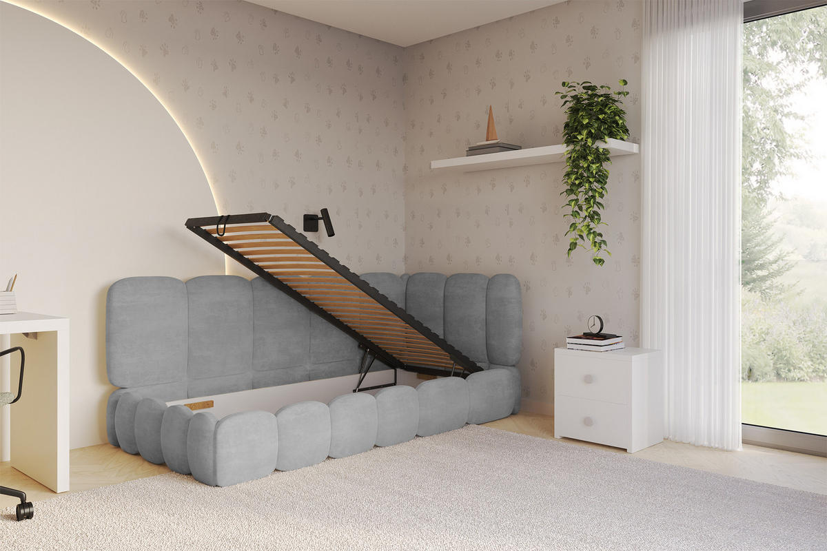 EINZELLBETT Jugendbett mit Bettkasten und Matratze H3/H4, Links - AVRY 80x200 Grau - Hellgrau, Holzwerkstoff/Textil (80/200cm) - ALTDECOR