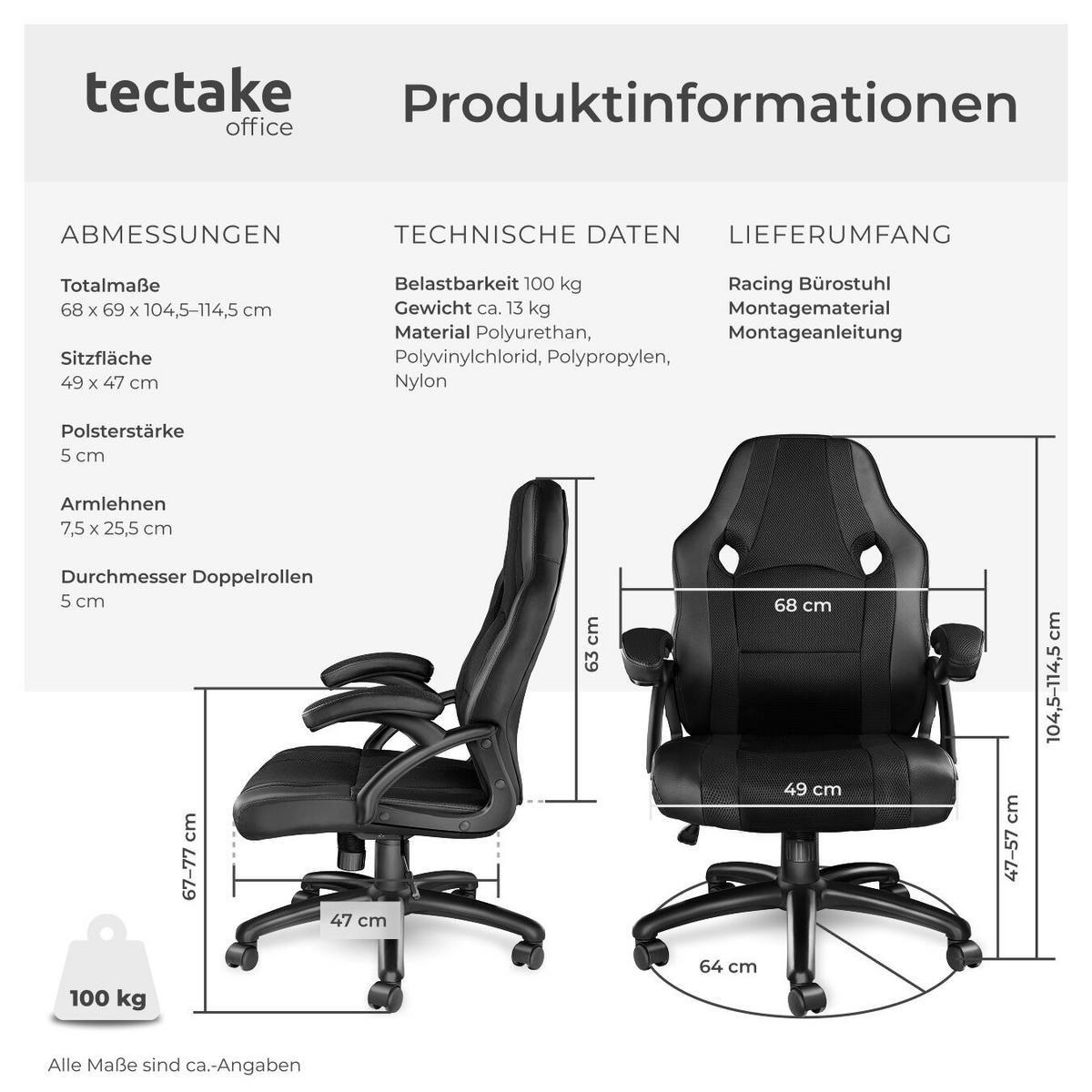 BÜROSTUHL Benny, stufenlos höhenverstellbar, schwarz - Schwarz, Textil (68/114.5/69cm) - tectake