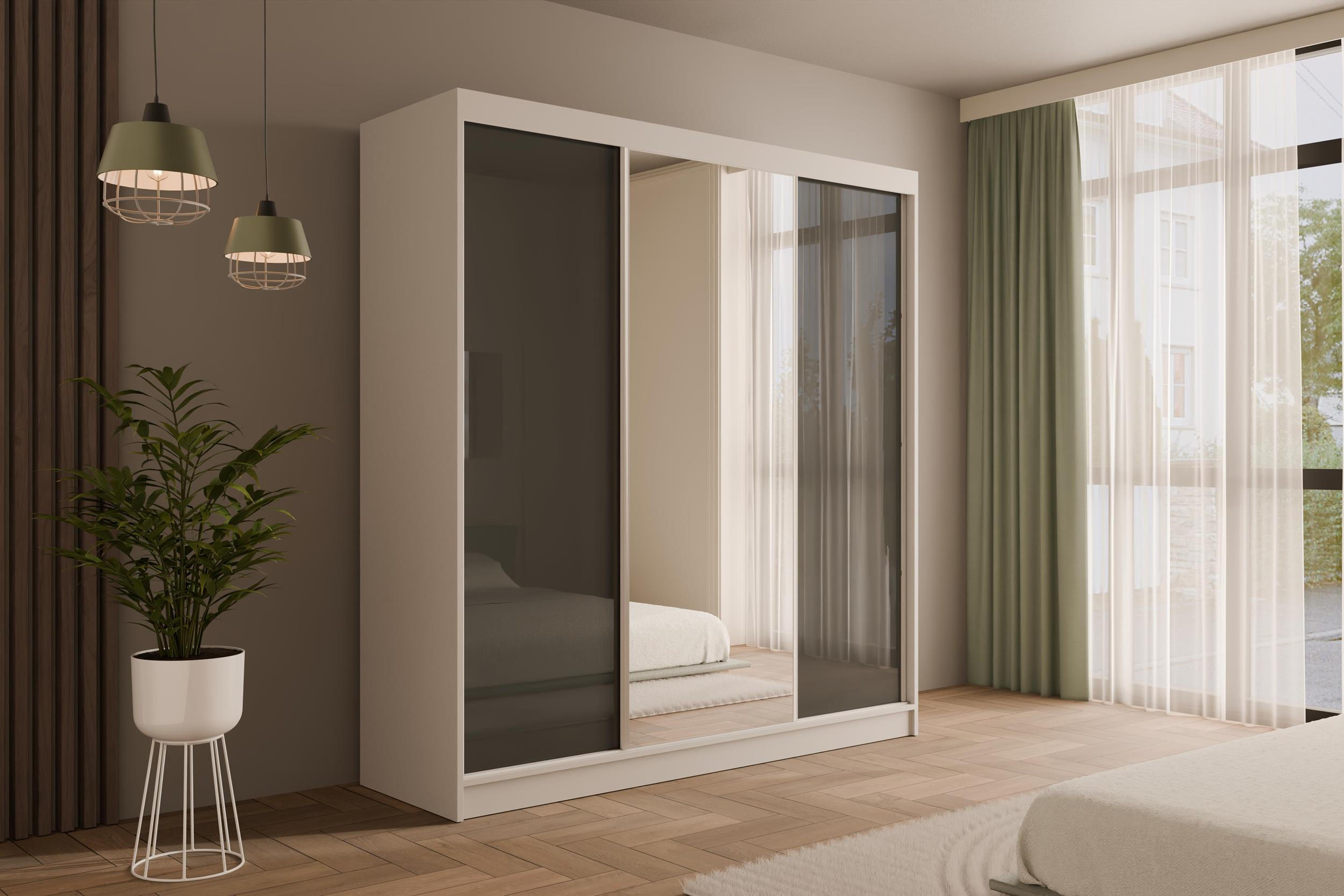 KLEIDERSCHRANK mit Spiegel V2-VITA 215x200 cm - Weiß|Grau - Weiß/Grau, Holzwerkstoff (200/215/61cm) - ALTDECOR