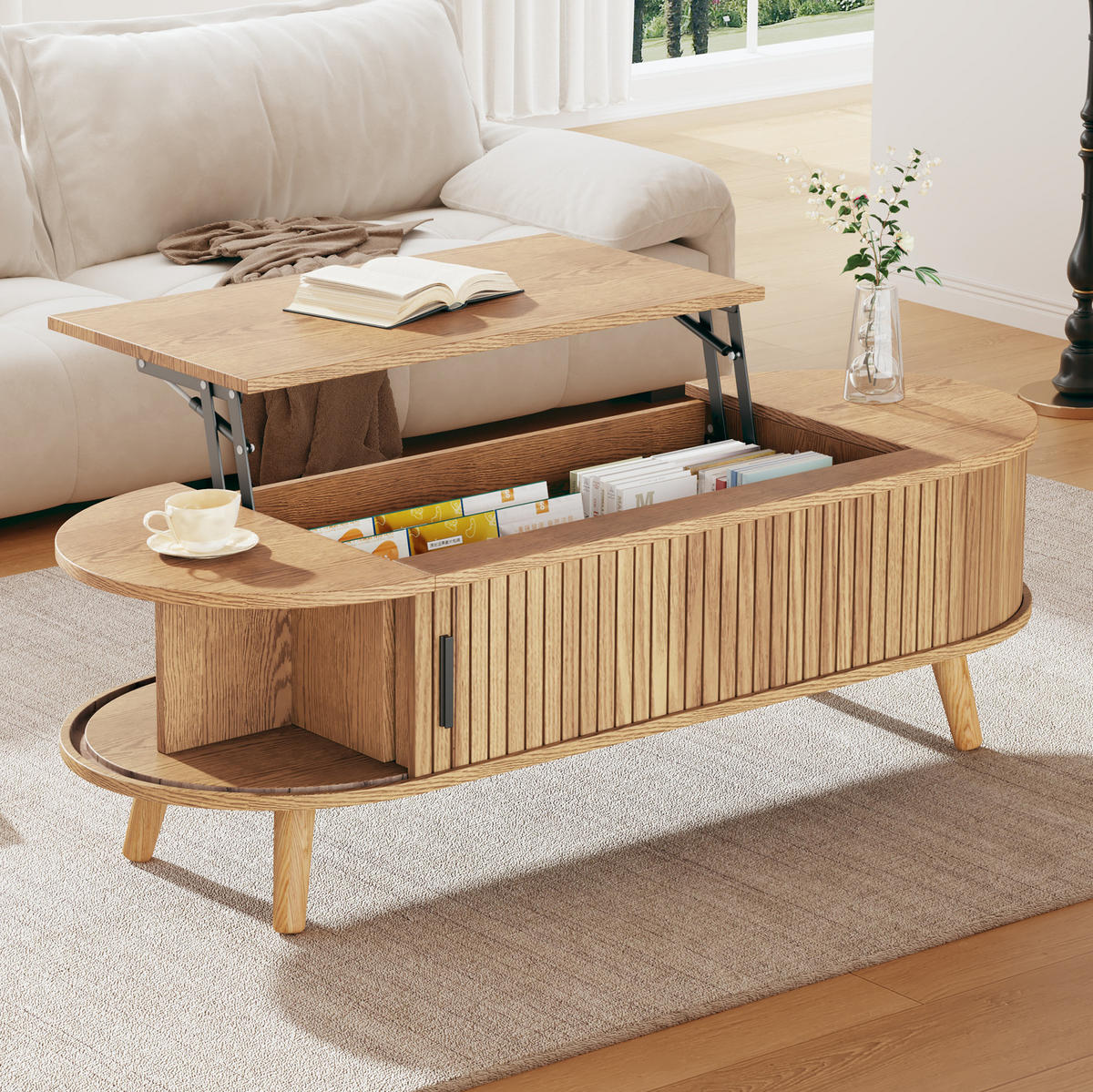 COUCHTISCH 120/50/39,5 cm höhenverstellbar mit verstecktem Stauraum und Rolltüren aus MDF, Natur - Naturfarben, Holzwerkstoff (120/50/39.5cm) - Modfu