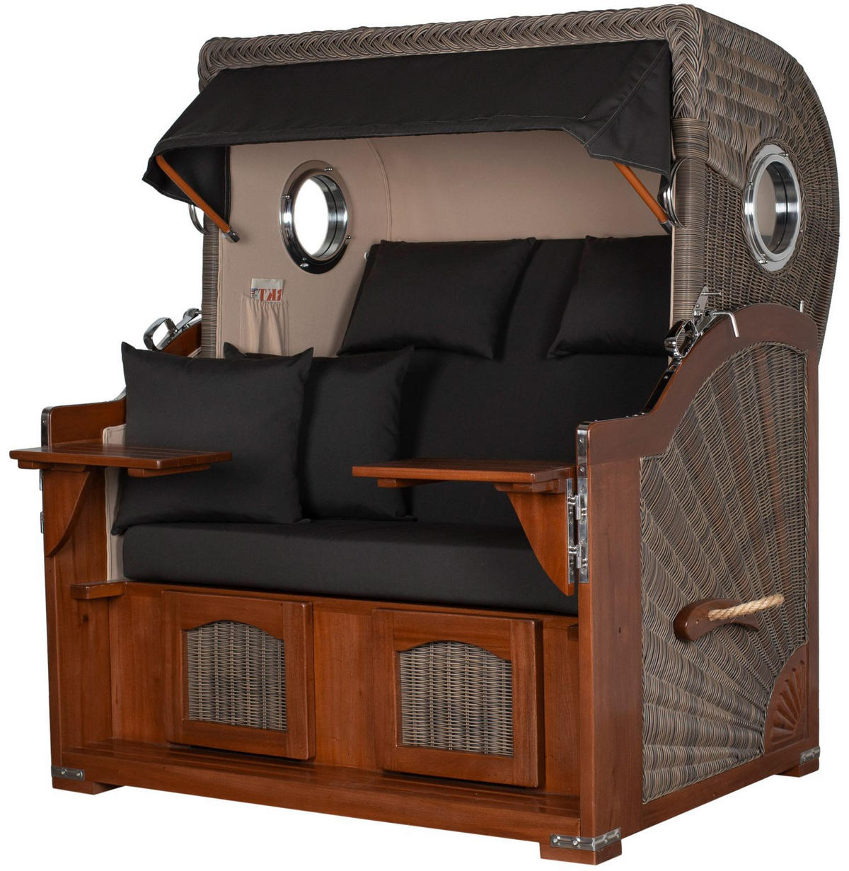 STRANDKORB Komplettset: Ammersee Grande XL Mahagoni Bullauge - PE grau - Modell 548 - Grau, Holz/Kunststoff (142/165/95cm) - bene living