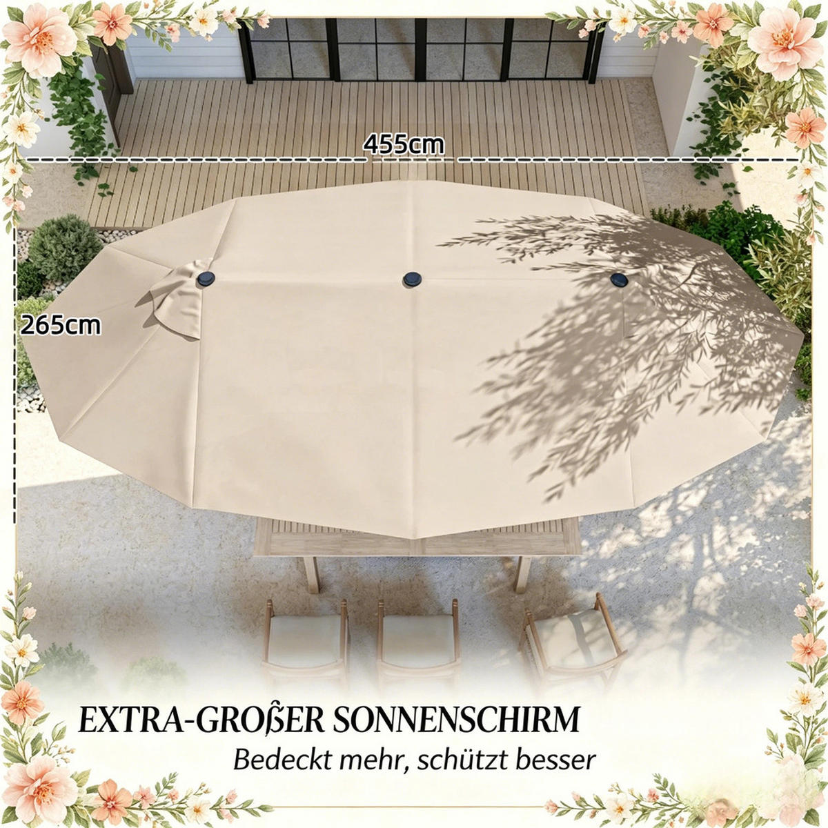 SONNENSCHIRM Rechteckig Stahl 455x265cm Khaki Kurbel Winddach - Hellbraun, Textil (265/455cm) - Raelunyi