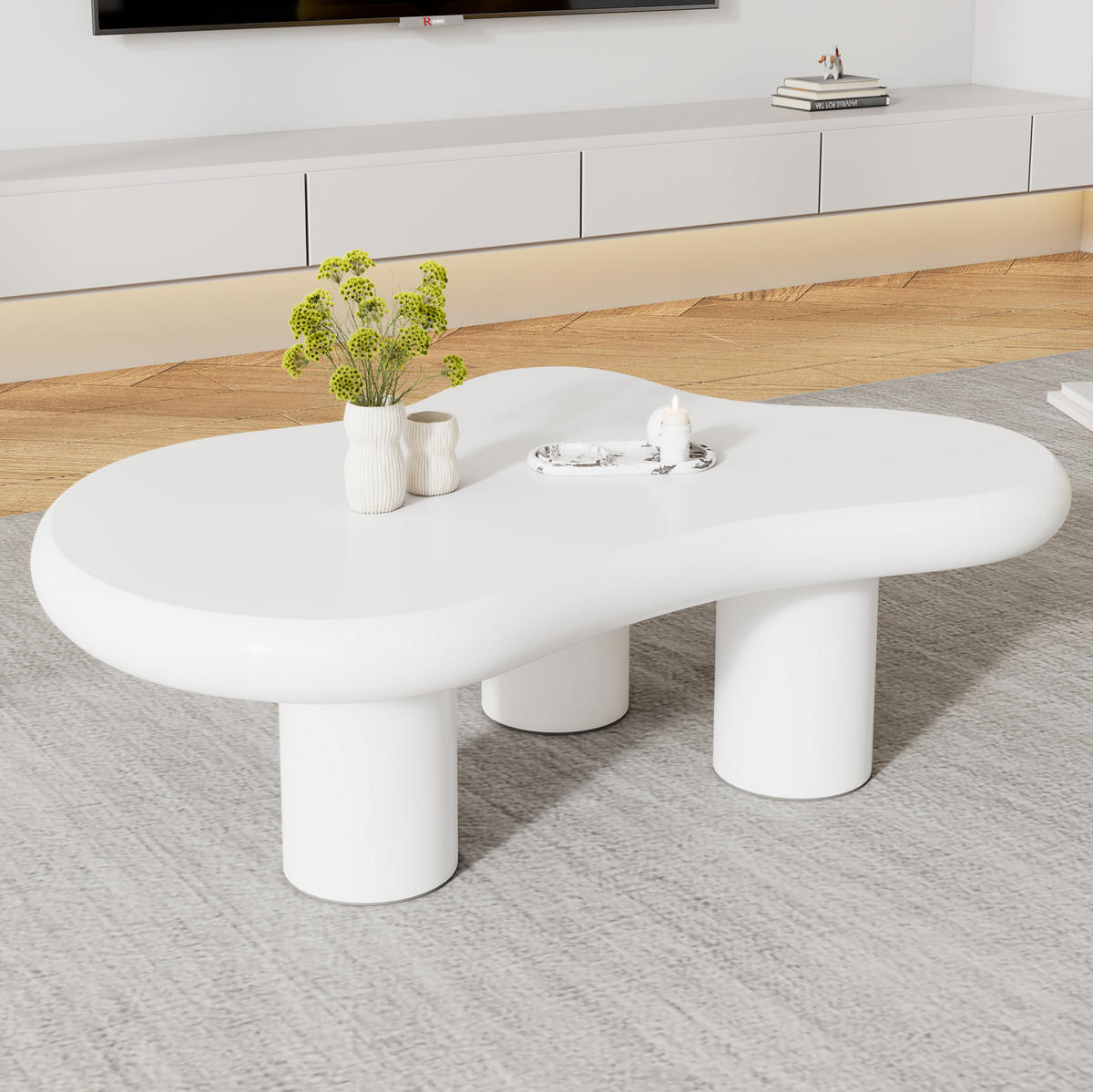COUCHTISCH, Wolkenform, lackiertes MDF, weiß – kreatives, leichtes Design, Filzunterlagen, 97/67/32 cm,weiß - Weiß, Holzwerkstoff (67/97/32cm) - Redom