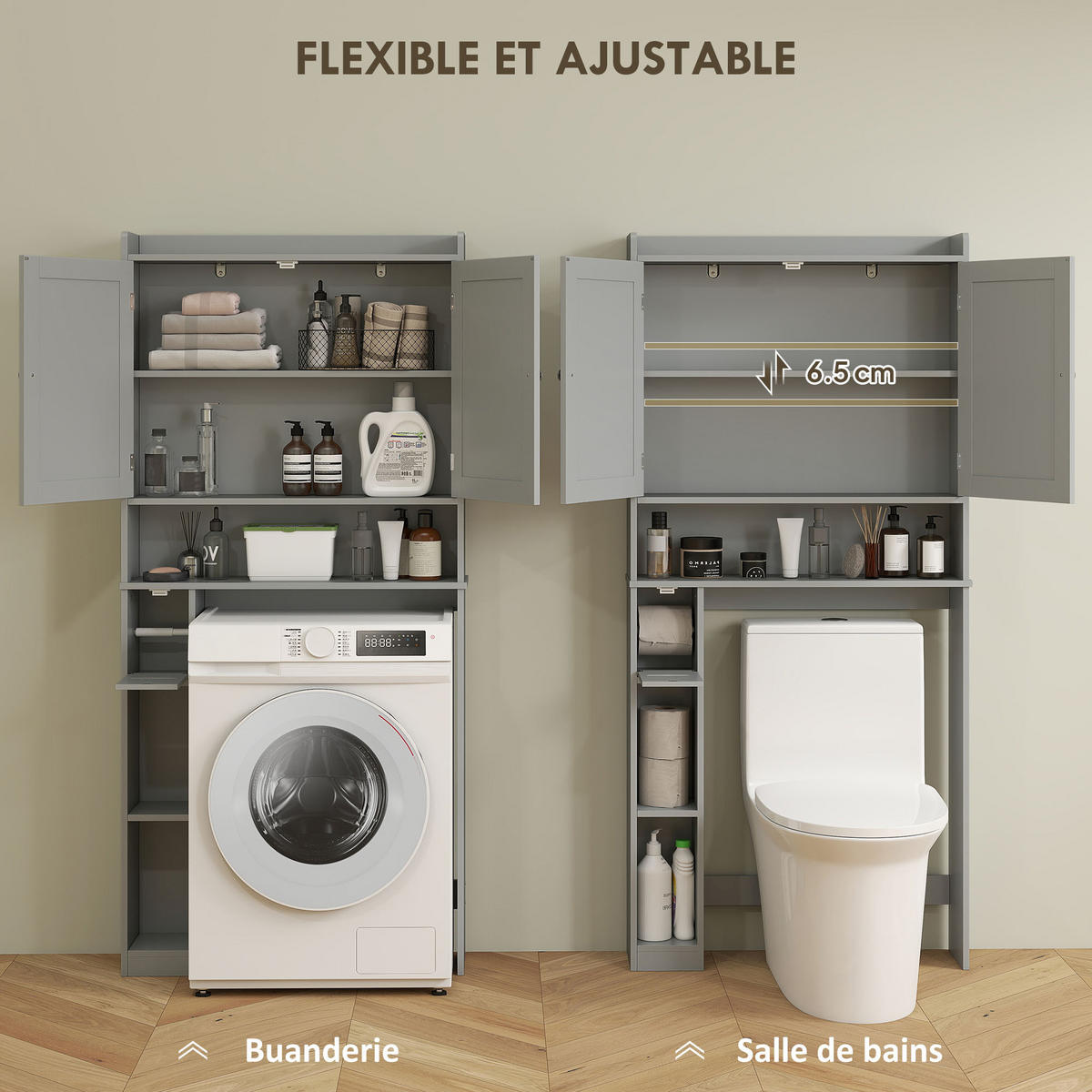 BADEZIMMERREGAL DE-15933 mit Toilettenpapierhalter Grau - Grau, Holzwerkstoff (19.5/170/80cm) - ComfortXL