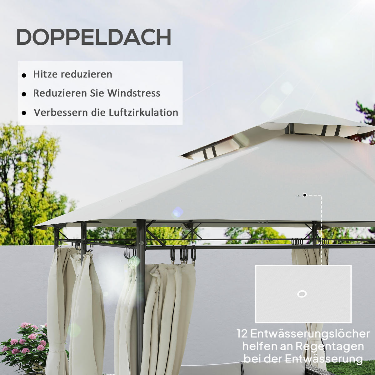 PAVILLON mit Doppeldach & 6 Seitenteile Cremeweiß - Creme, Textil/Metall (297/273/397cm) - Outsunny
