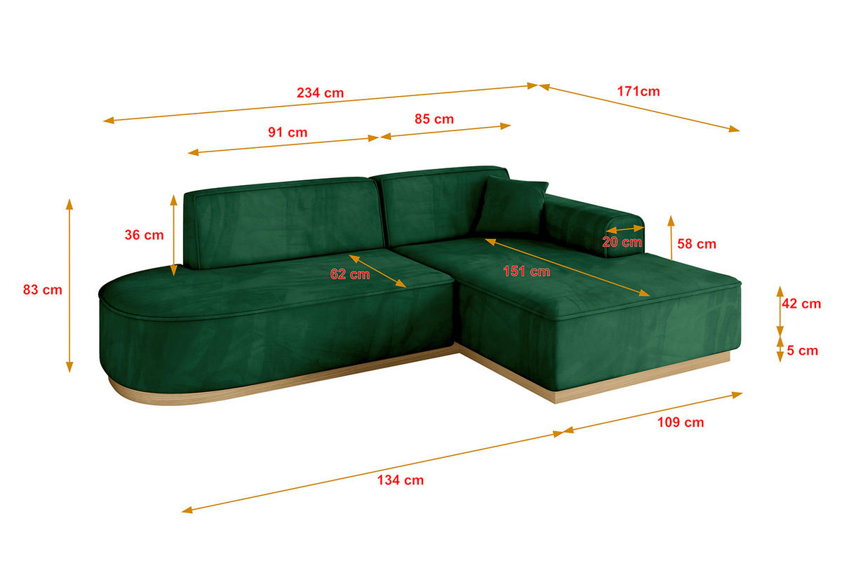 ECKSOFA Ottomane Rechts IREA-L1-v2 - 234x171x83 cm Grün - Grün, Holzwerkstoff/Textil (171/234cm) - ALTDECOR