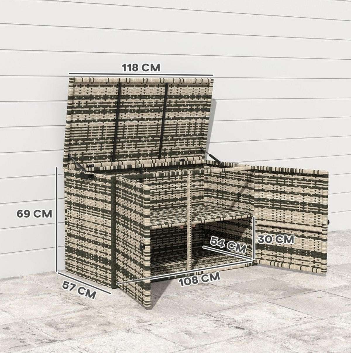 AUFLAGENBOX 118/57/69 cm mit 350 L Stauraum, Gasdruckfedern und Tragegriffen aus Stahl und PE-Rattan, Grau - Grau, Metall (57/69/118cm) - Redom