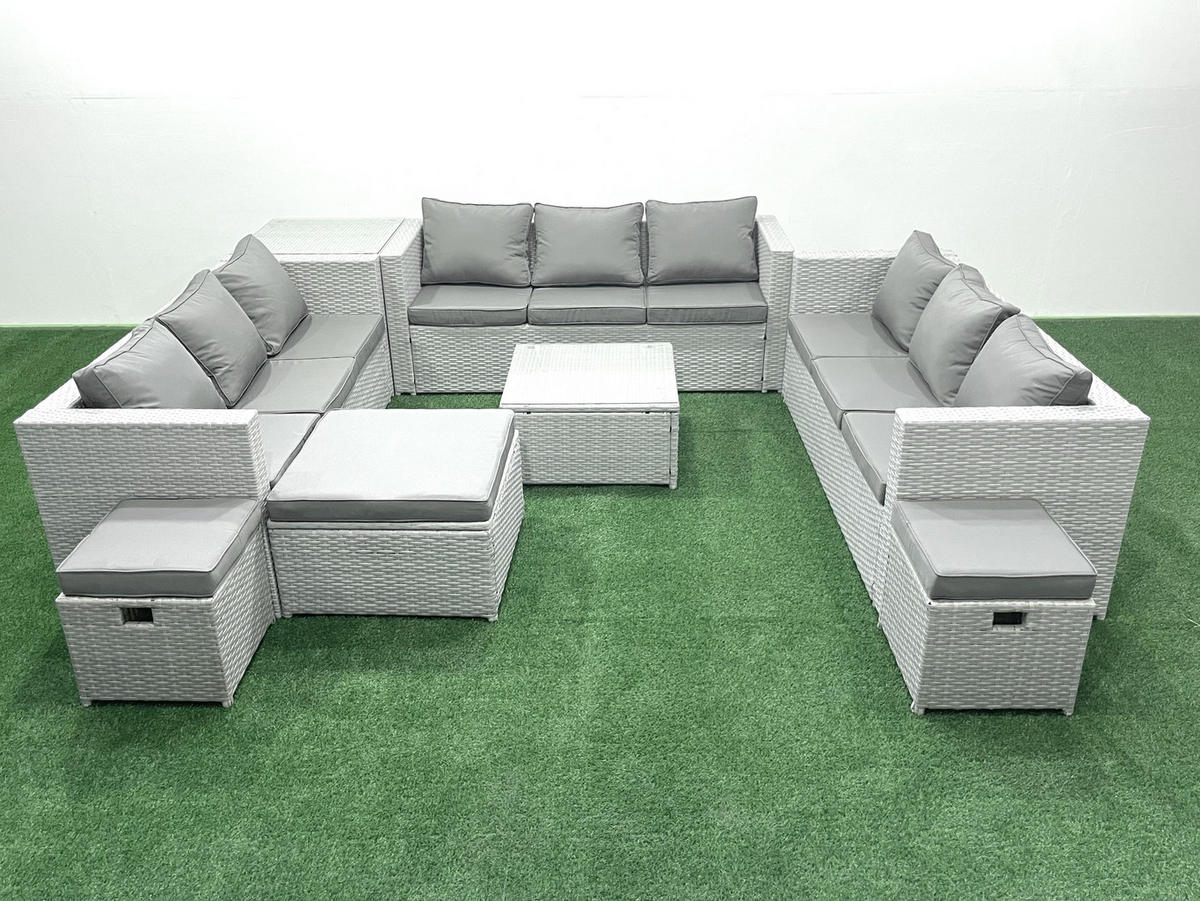 GARTENMÖBELSET mit 3-SITZER SOFA,COUCHTISCH Polyrattan Hellgrau-Mix 12-Sitzer - Hellgrau/Grau, Glas/Kunststoff - Fimous