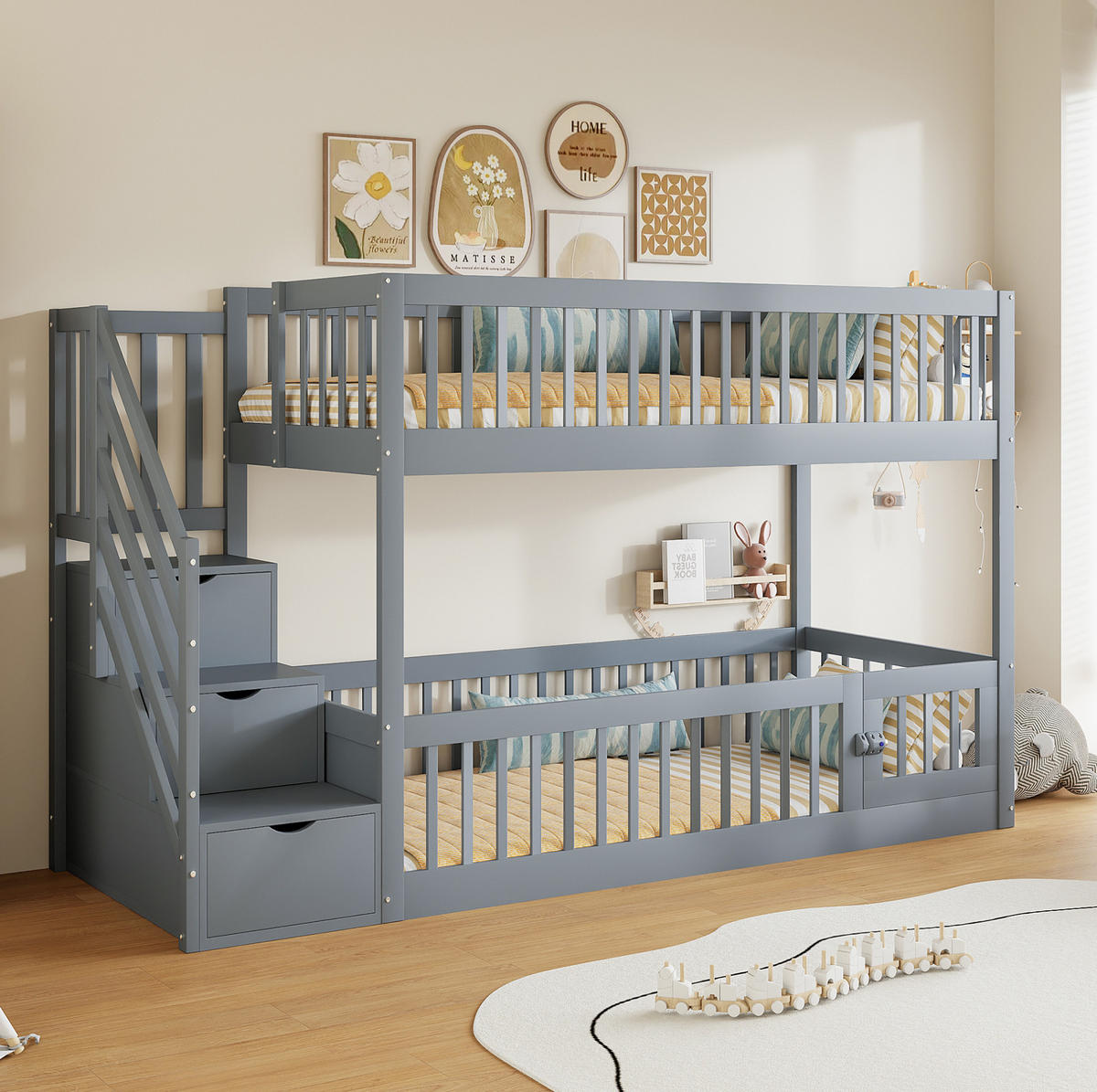 ETAGENBETT 90/200 cm Grau aus Massivholz mit Schubladen ohne Matratze - Grau, Holz (90/200cm) - MIVRAY