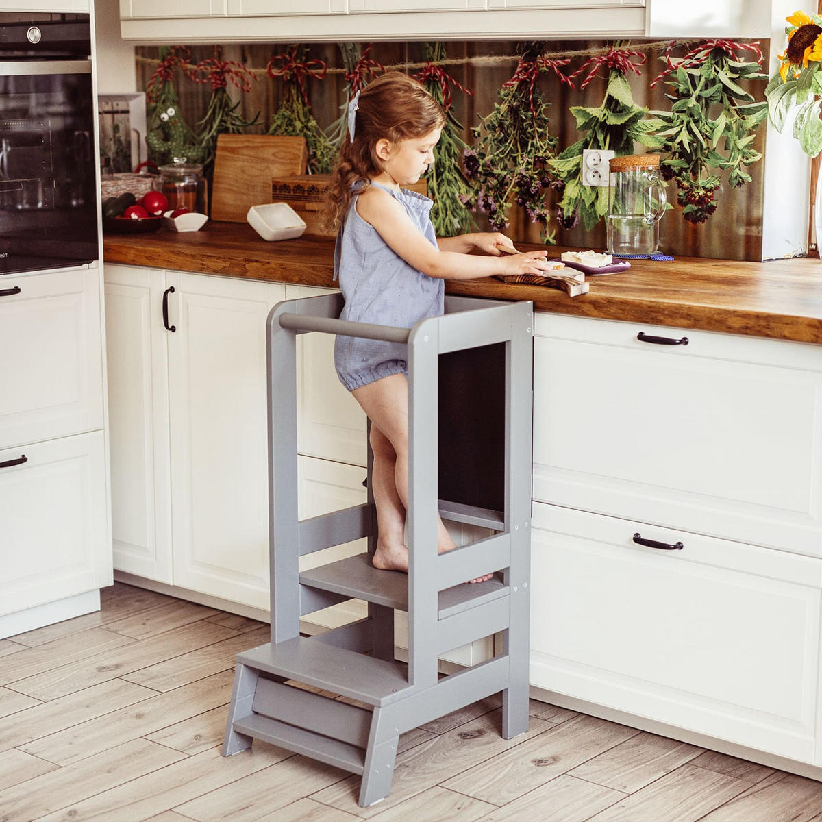 LERNTURM mit Tafel für Kinder, Natur Holz, Grau - Grau, Holz (39/90/90cm) - MeowBaby