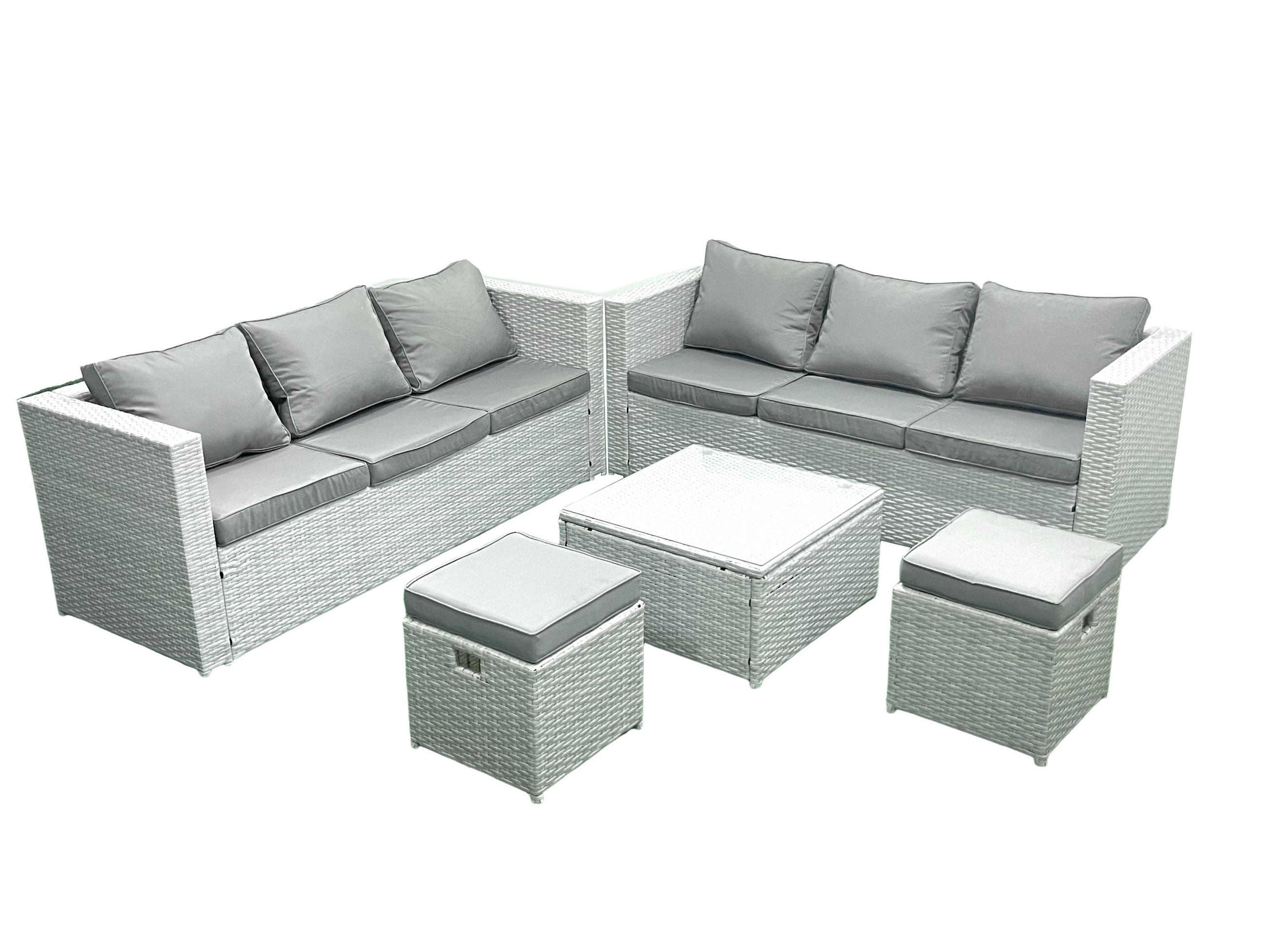 GARTENMÖBELSET mit 3-SITZER SOFA,COUCHTISCH Polyrattan Hellgrau-Mix 8-Sitzer - Hellgrau/Grau, Glas/Kunststoff - Fimous