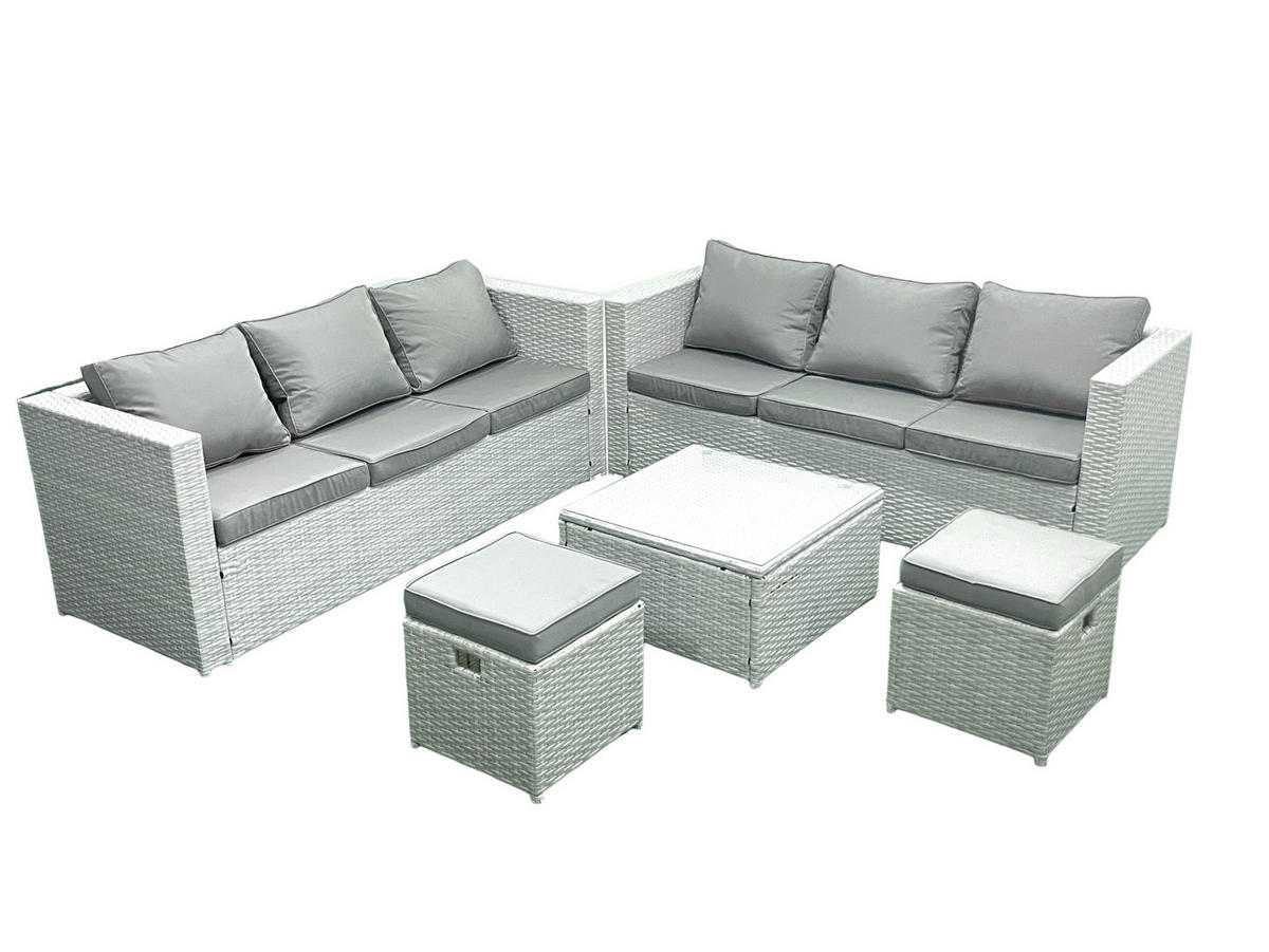 GARTENMÖBELSET mit 3-SITZER SOFA,COUCHTISCH Polyrattan Hellgrau-Mix 8-Sitzer - Hellgrau/Grau, Glas/Kunststoff - Fimous
