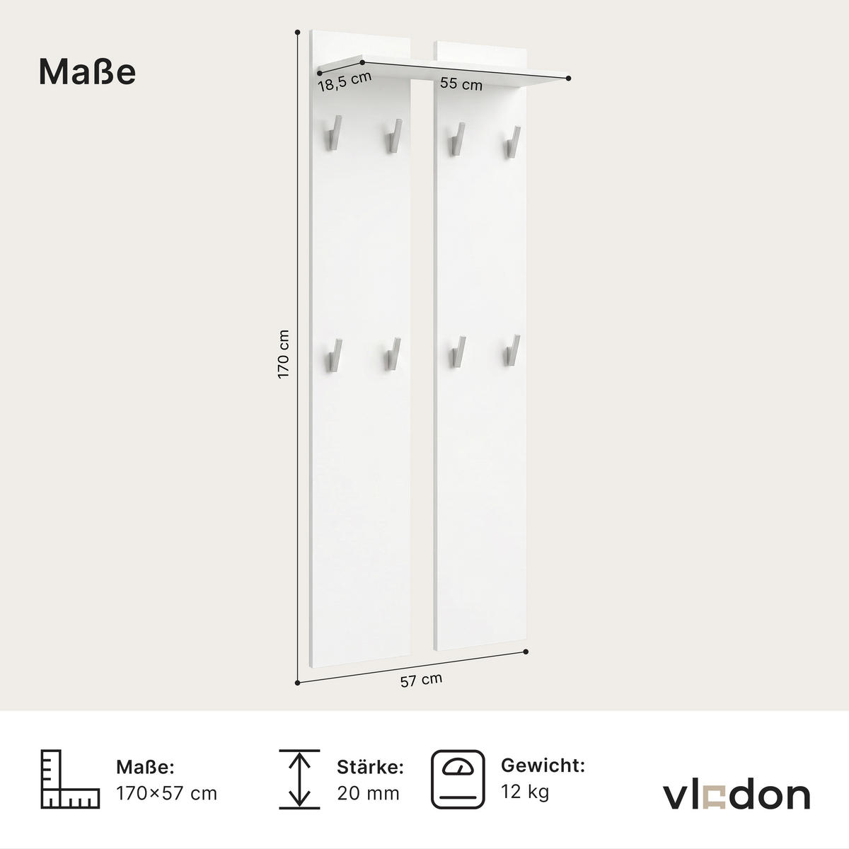 GARDEROBENPANEEL Wandpaneel Weiß matt - Weiß, Holzwerkstoff (57/170/20cm) - Vladon