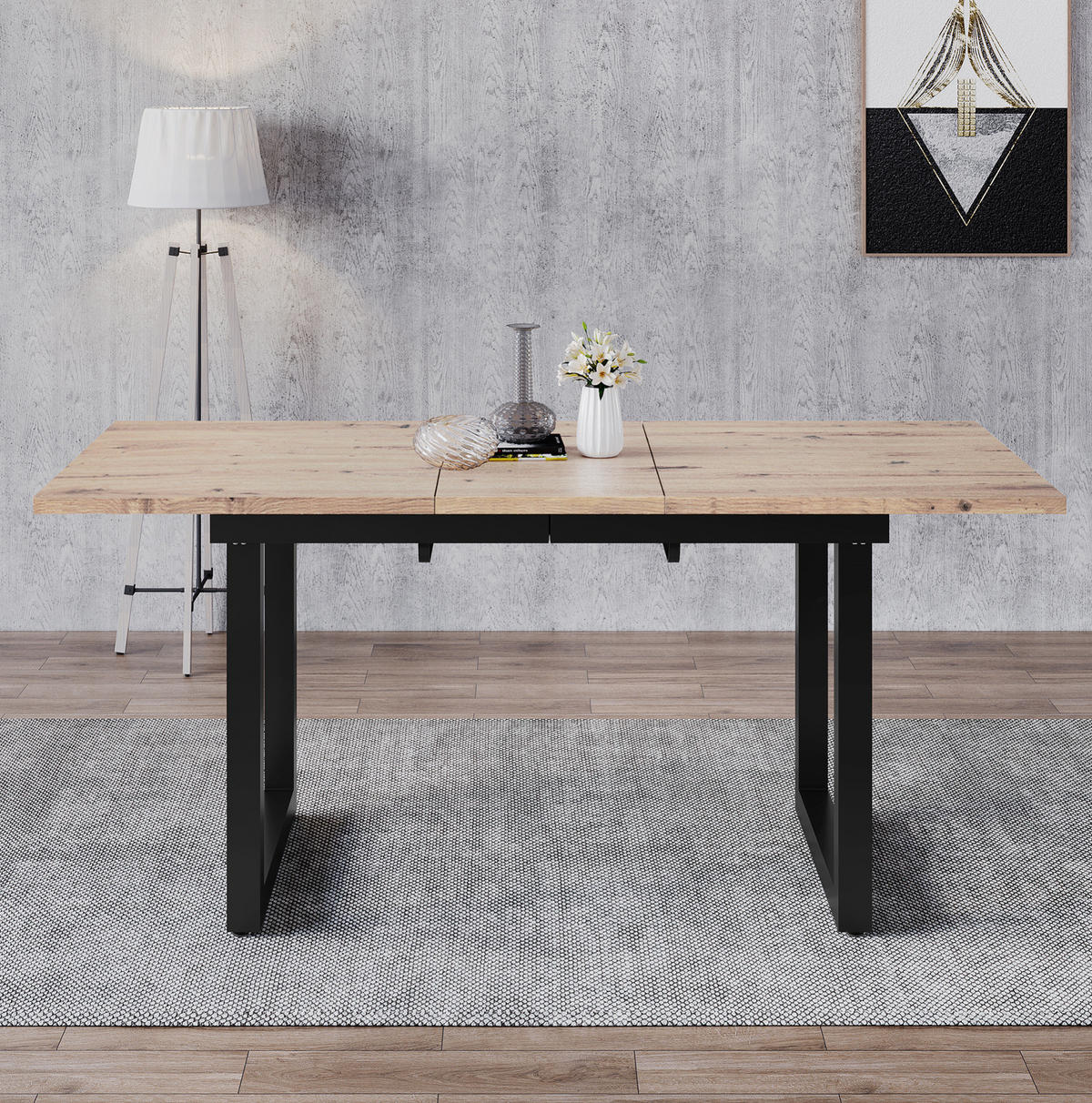 ROZKLÁDACÍ jídelní stůl 140/180x80x75 cm s industriálním designem, stabilní kovovou konstrukcí a úsporným provedením, Černá + přírodní - barva dubu, kompozitní dřevo (180/80/75cm) - Redom