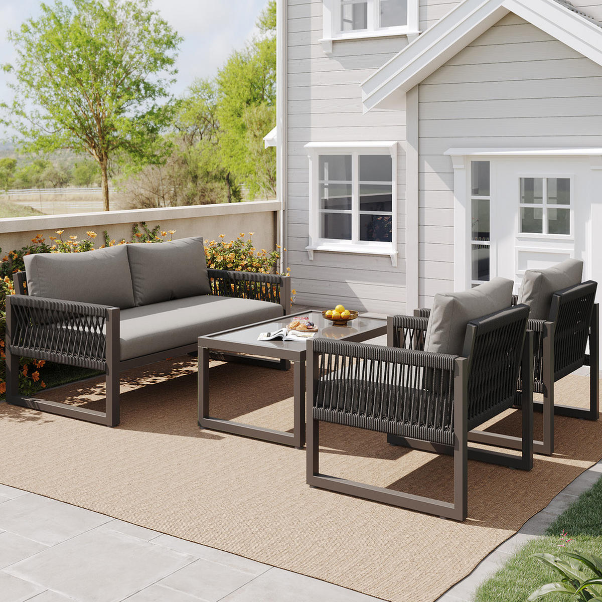 LOUNGESESSEL Set aus grauem Seil mit Eisenrahmen Glastisch Sitzkissen verstellbare Füße Gartenmöbel Set 4teilig Grau - Grau, Metall