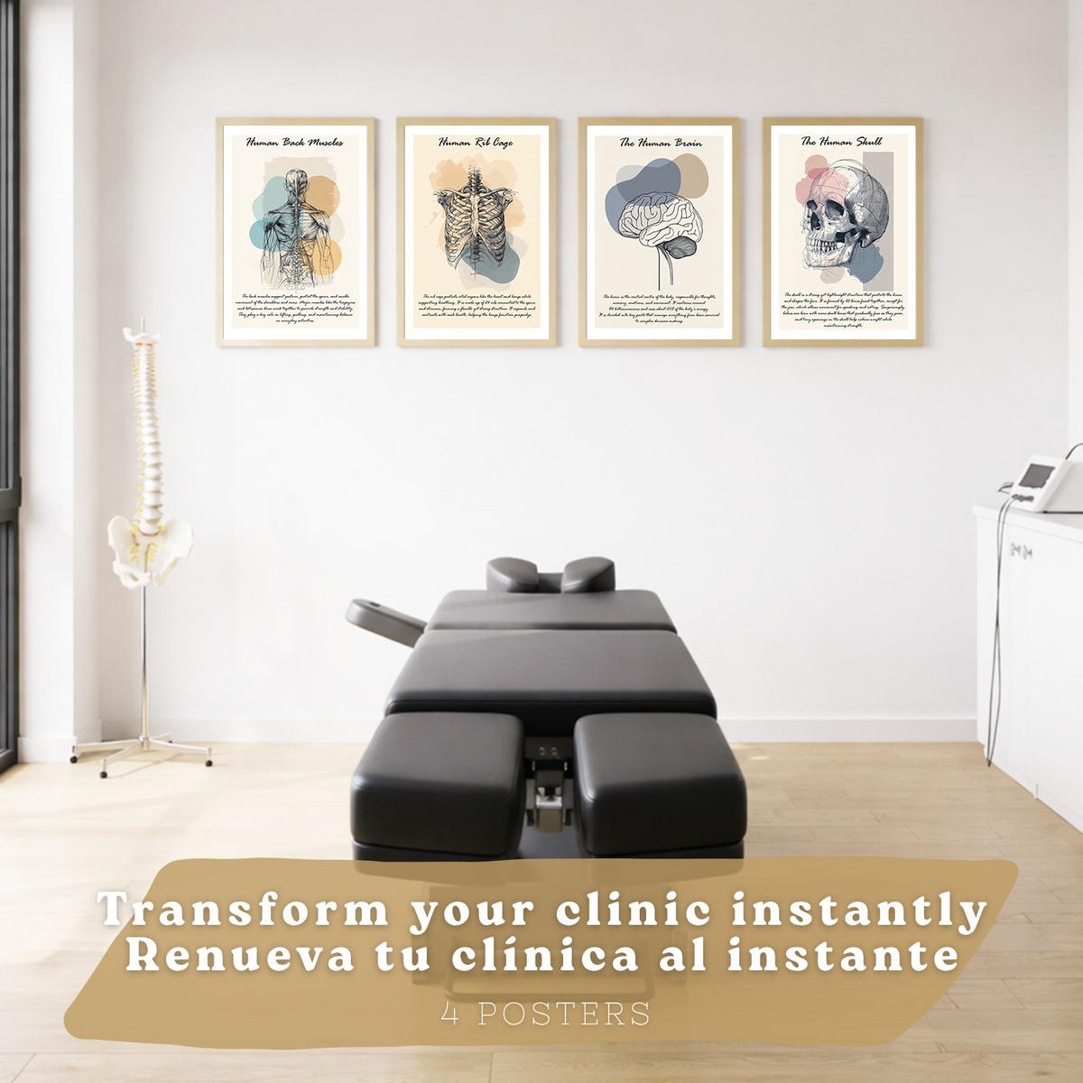 POSTER Set aus 4 Anatomie Mensch Drucke und Wandbilder mit Herz Gehirn Schädel Lungen Luftröhre Bronchien Goldener Floraler Stil Größe Rahmenlos A3 - Klar, Papier (29.7/42/3cm) - Nacnic