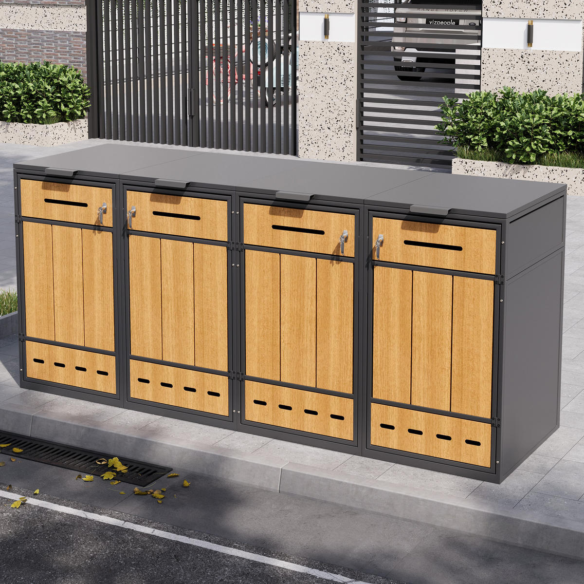 BOX na odpadkové koše z oceli 264x80x118 cm šedá/dekor dřeva se 4 oddíly, výklopným víkem, předními dvířky a větráním - šedá, kov (264/118/80cm) - Modfu