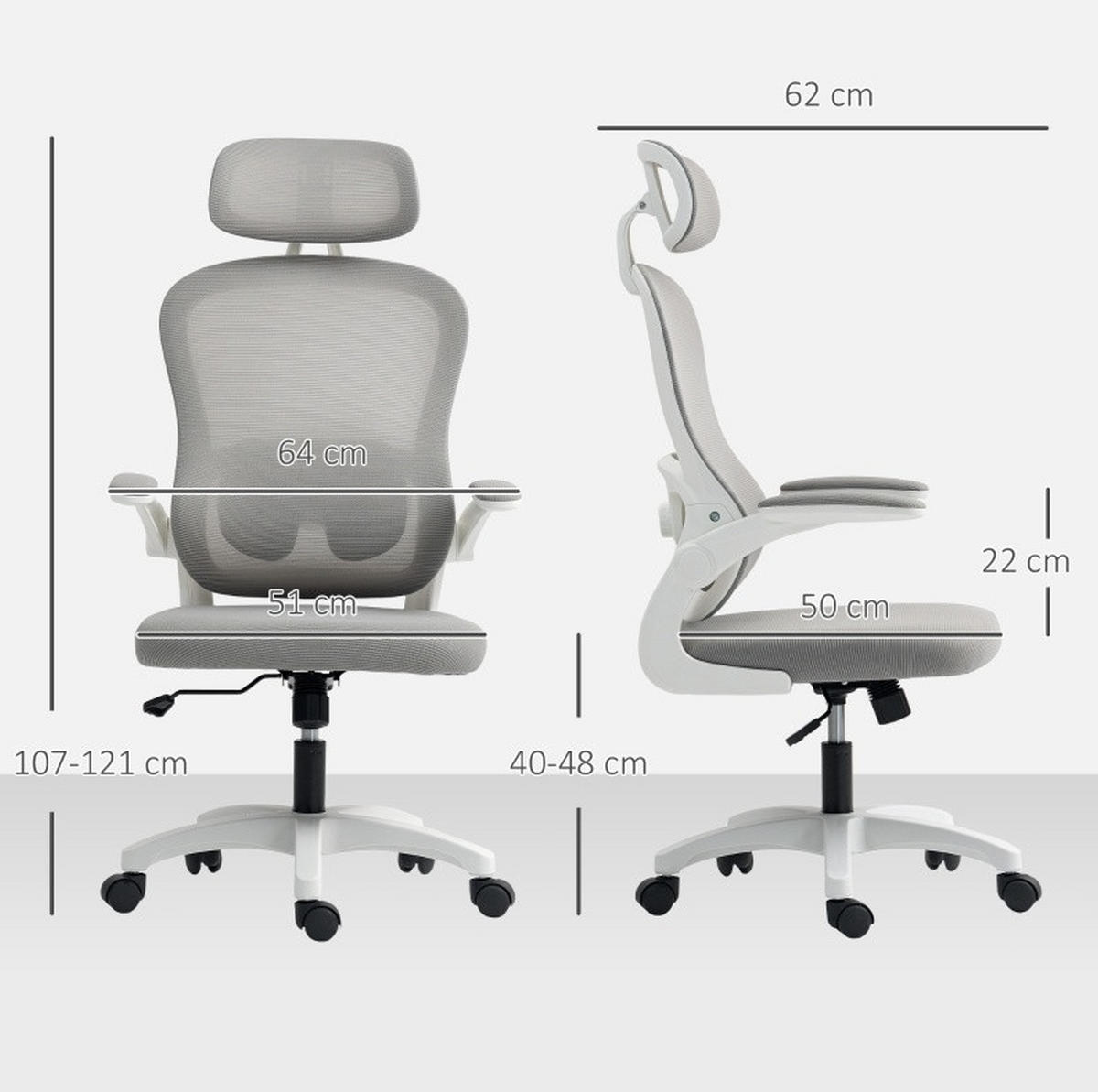 DREHSTUHL ergonomisch, höhenverstellbar mit Netzrücken und drehbarem Kopfteil, belastbar bis 120 kg, 64/62/115 cm, Grau - Grau, Kunststoff (62/115/64cm) - Redom