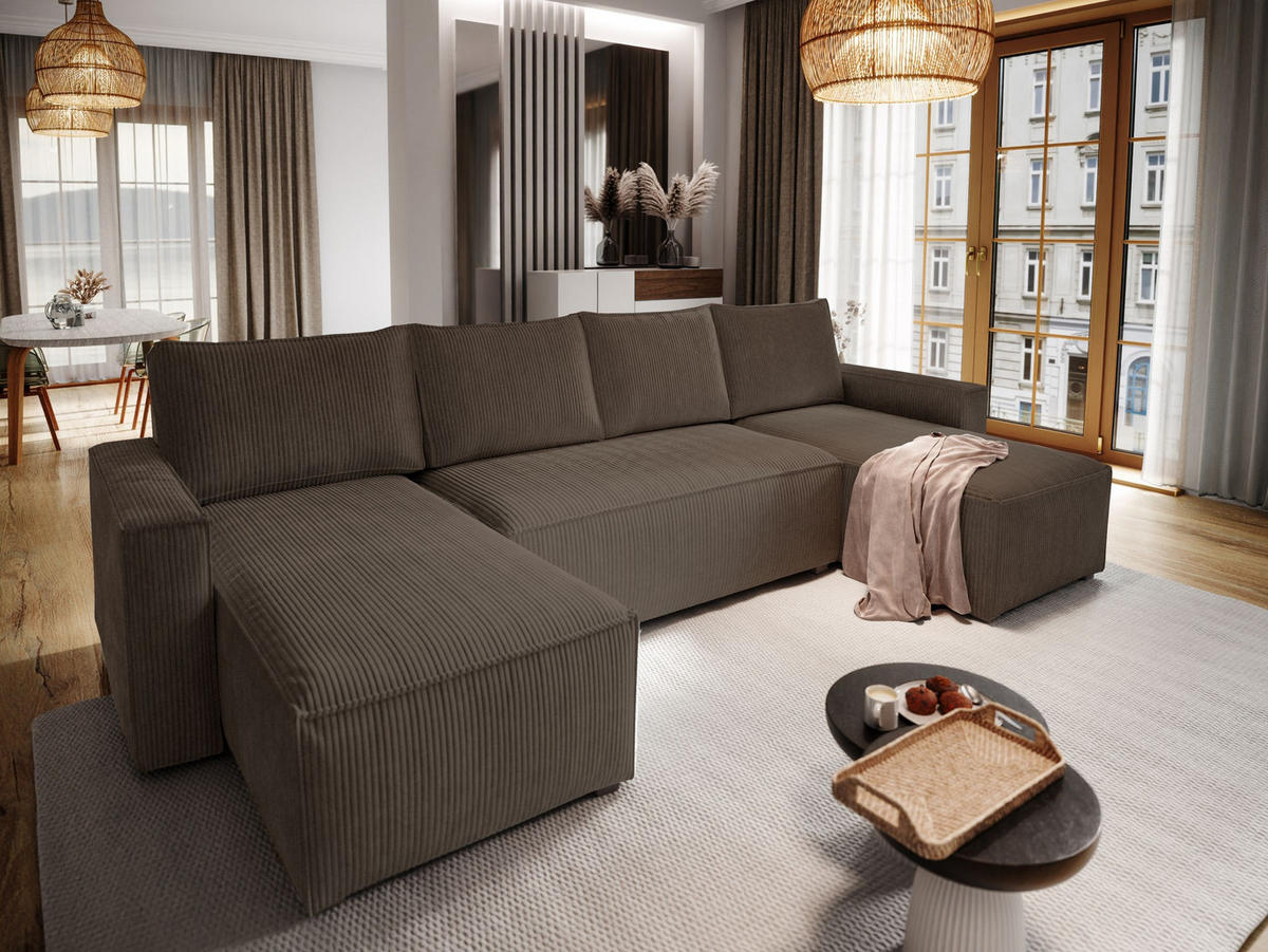 WOHNLANDSCHAFT ASPRA Braun Kordstoff mit Schlaffunktion - Braun, Holz (295/85/140cm) - MASSENO