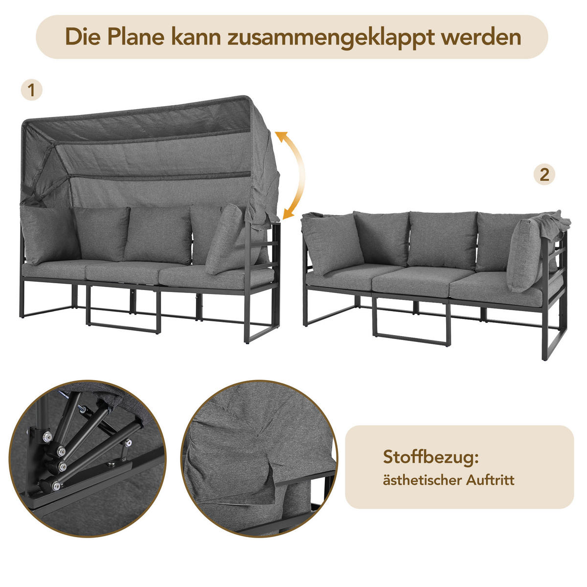 LOUNGESESSEL Set Iron Sunny Island mit Hocker Tisch und Markise 4teilig Wetterfest für Balkon Garten Grau mit Kissen - Grau, Metall