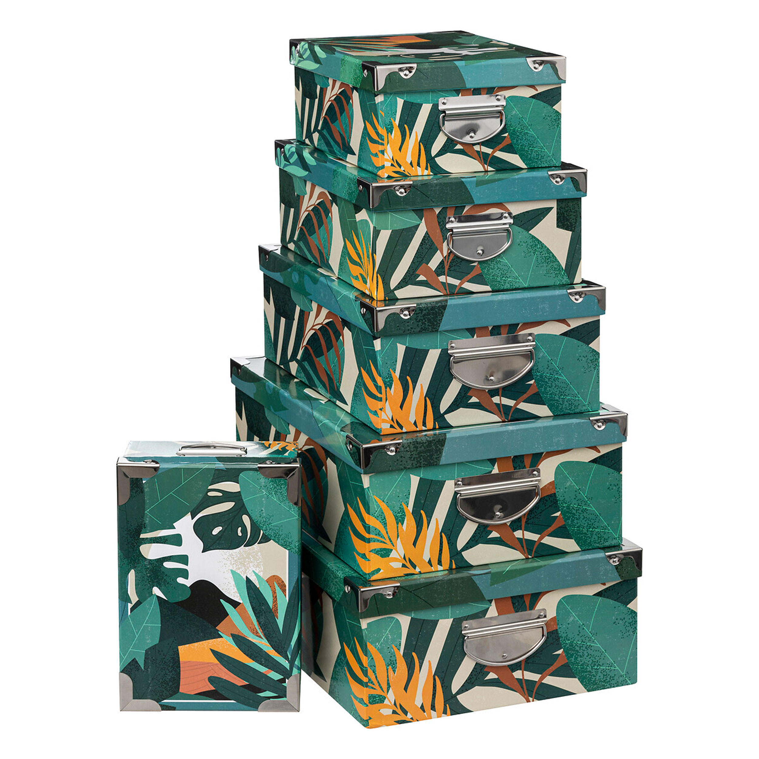 AUFBEWAHRUNGSBOXEN Set Tropical 6-tlg., mit Tropenmuster, Pappe, Edelstahl - Silberfarben, Papier (33.5/16/48cm) - 5five Simply Smart