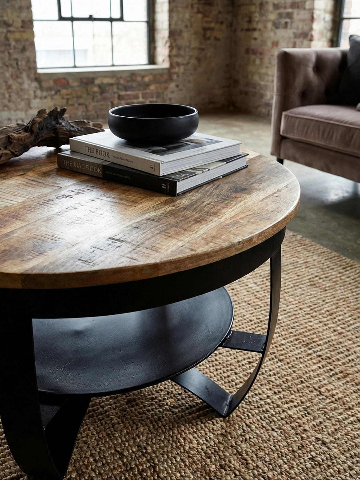 COUCHTISCH in Braun/Schwarz, Industrieller Stil, aus Recyceltem Mango-Massivholz - Schwarz, Holz/Metall (60/60/34cm) - KADIMA DESIGN