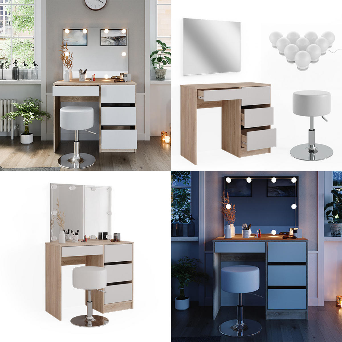 SCHMINKTISCH Sherry Sonoma 90 cm mit LED Beleuchtung und Hocker - Weiß/Sonoma Eiche, Holzwerkstoff (90/75/40cm) - Vicco