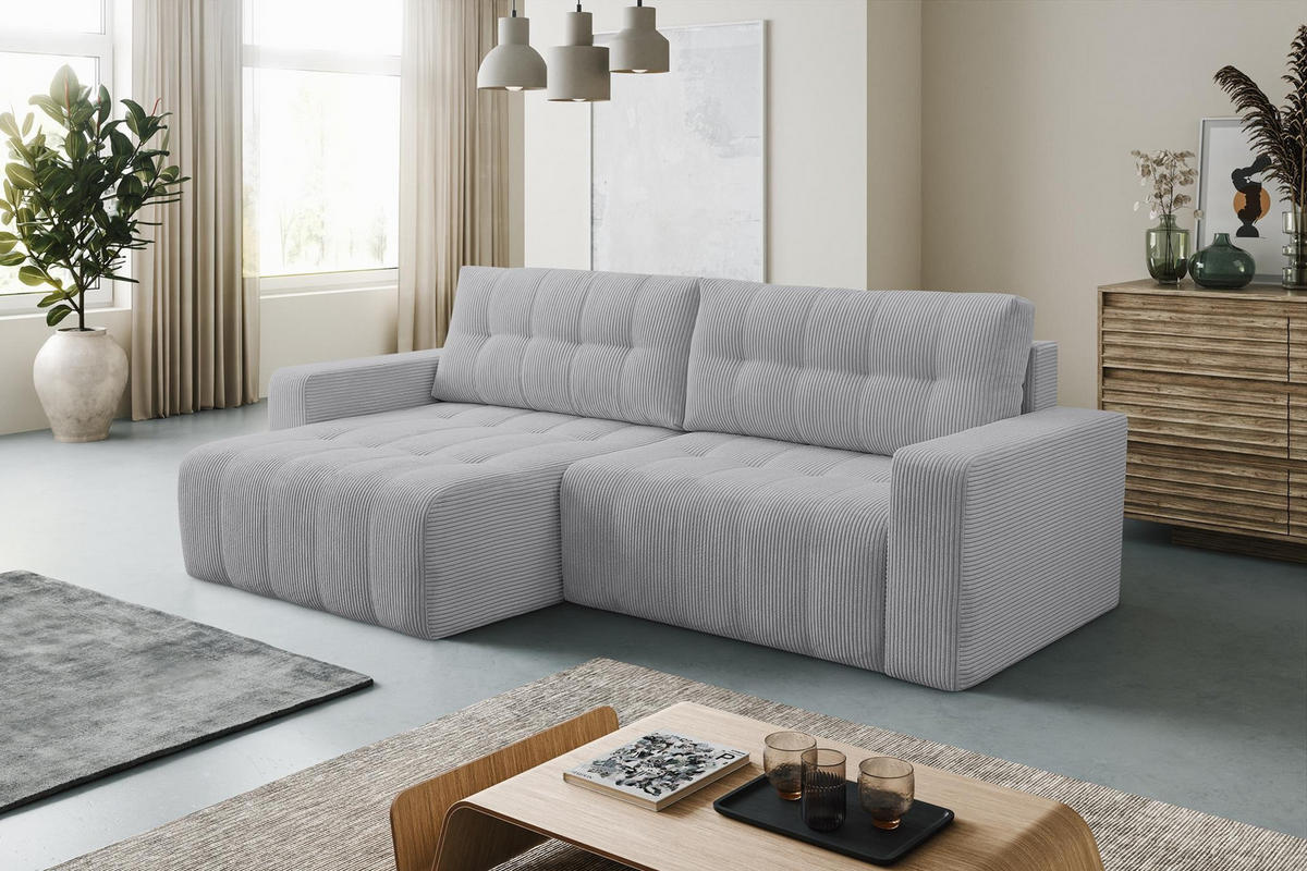 ECKSOFA Masina Hellgrau, Schlafsofa aus Cordstoff - Hellgrau, Holzwerkstoff (245/143cm) - Bettso