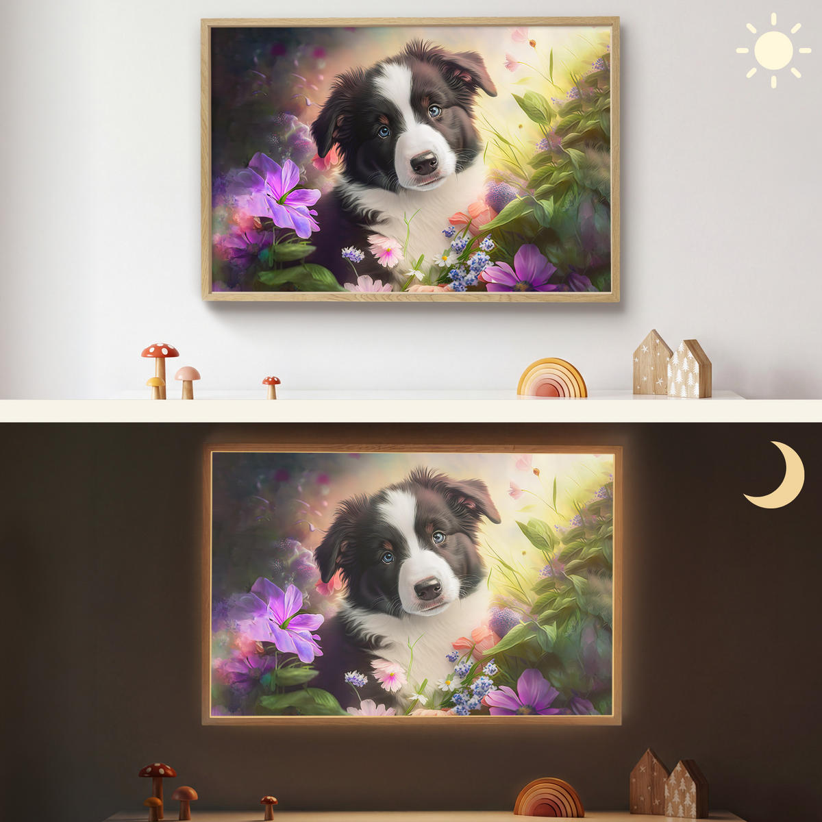 NÁSTĚNNÁ LAMPA S AKUMULÁTOREM Štěně - Slunce - Květiny - Příroda - Border kolie - Pes 90x60 cm - fialová, kompozitní dřevo (90/60/8cm) - OnlyWow