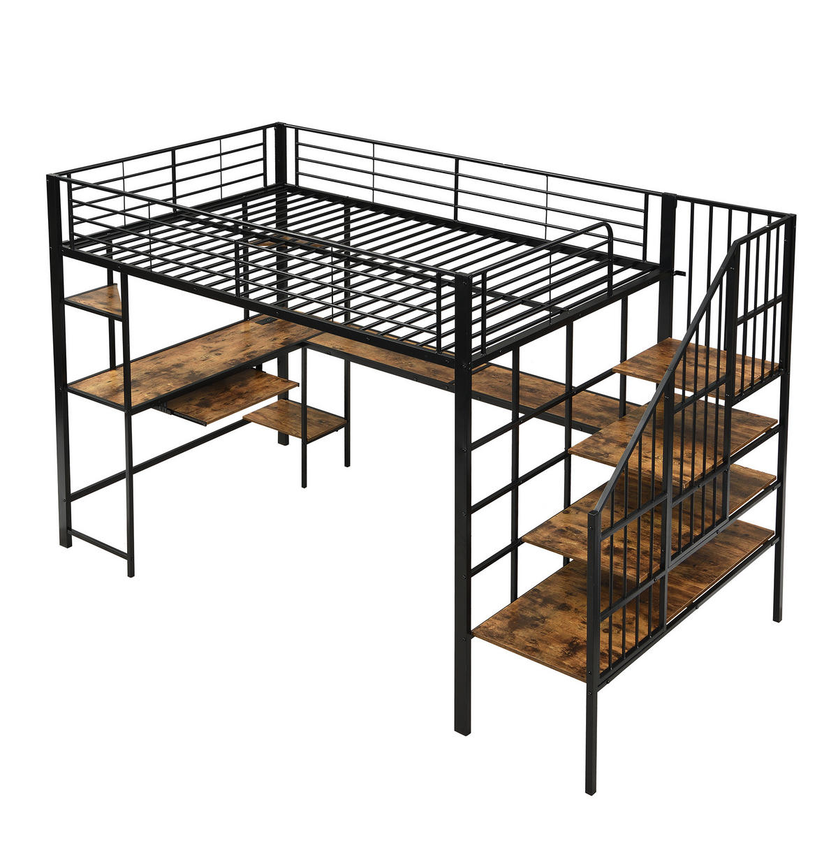 HOCHBETT 120x200 cm in Schwarz/Dunkelnussbaum mit Schreibtisch, Ecktreppe und Ladeanschluss - Schwarz, Metall (120/200cm) - IVMEU