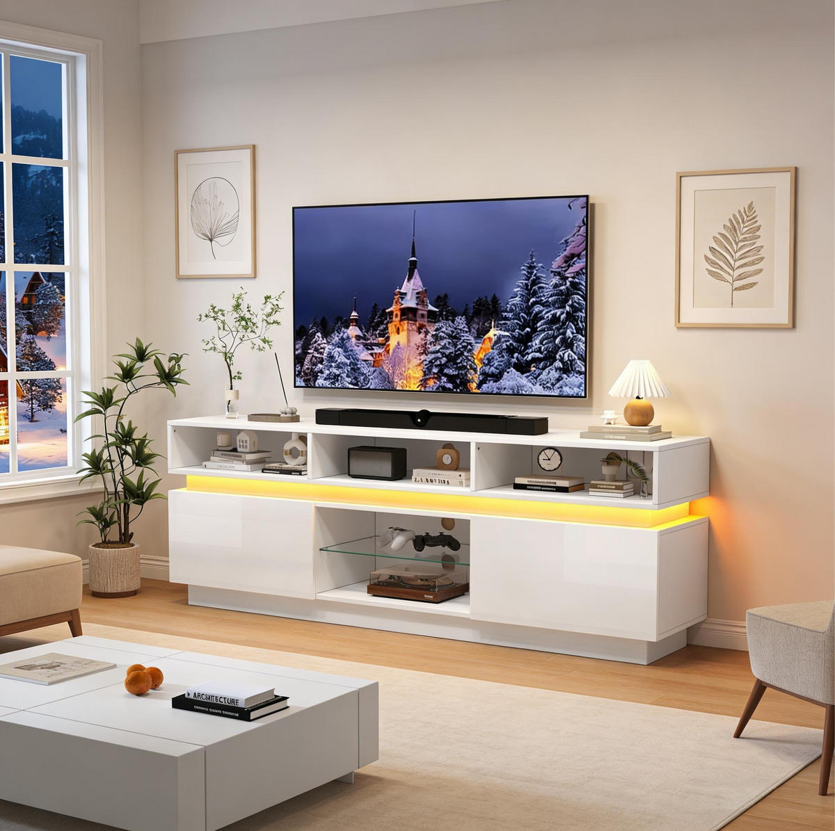 TV-LOWBOARD 160/35/60 cm weiß aus MDF mit Glasplatte und LED - Weiß, Holzwerkstoff (35/60/160cm) - OKWISH