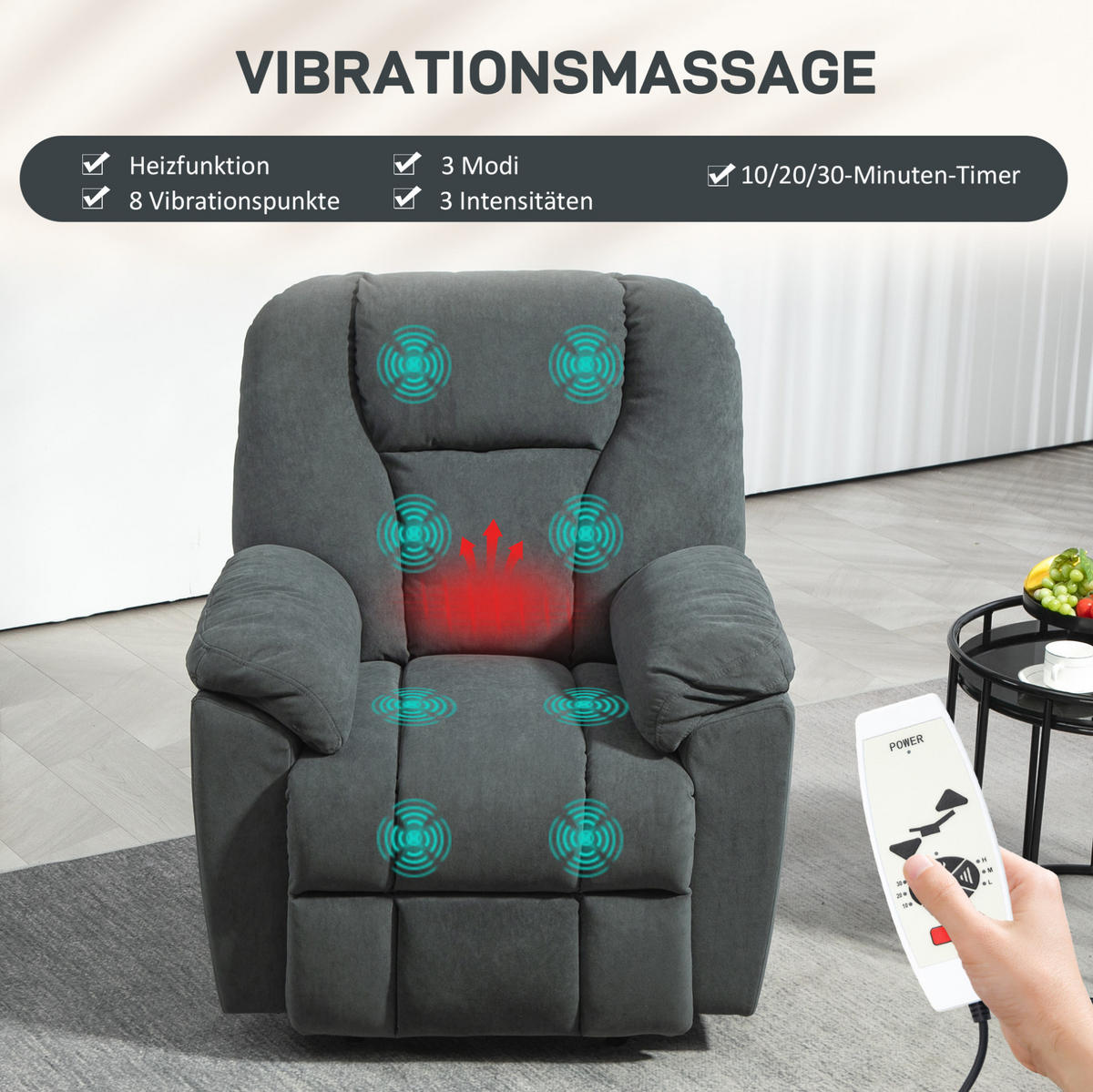 ELEKTRISCHER Relaxsessel in Dunkelgrau 88x97x101 cm mit Massage- und Wärmefunktion - Dunkelgrau, Textil (97/101/88cm) - IVMEU