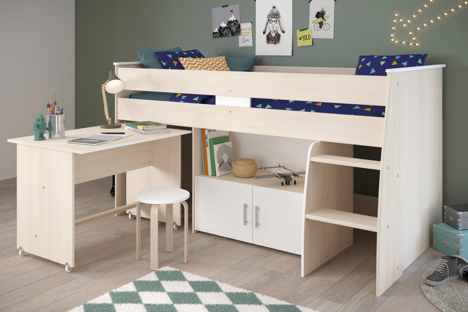 HOCHBETT Jugendzimmer mit Schreibtisch ausziehbar Bett 90 x 200 - Silberfarben/Weiß, Holz/Kunststoff (90/200cm) - Parisot Meuble