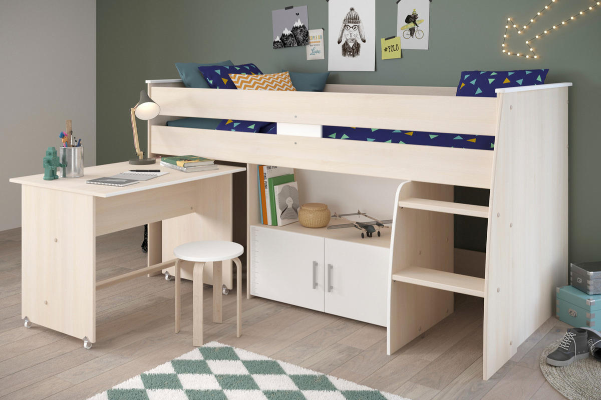 HOCHBETT Jugendzimmer mit Schreibtisch ausziehbar Bett 90 x 200 - Silberfarben/Weiß, Holz/Kunststoff (90/200cm) - Parisot Meuble