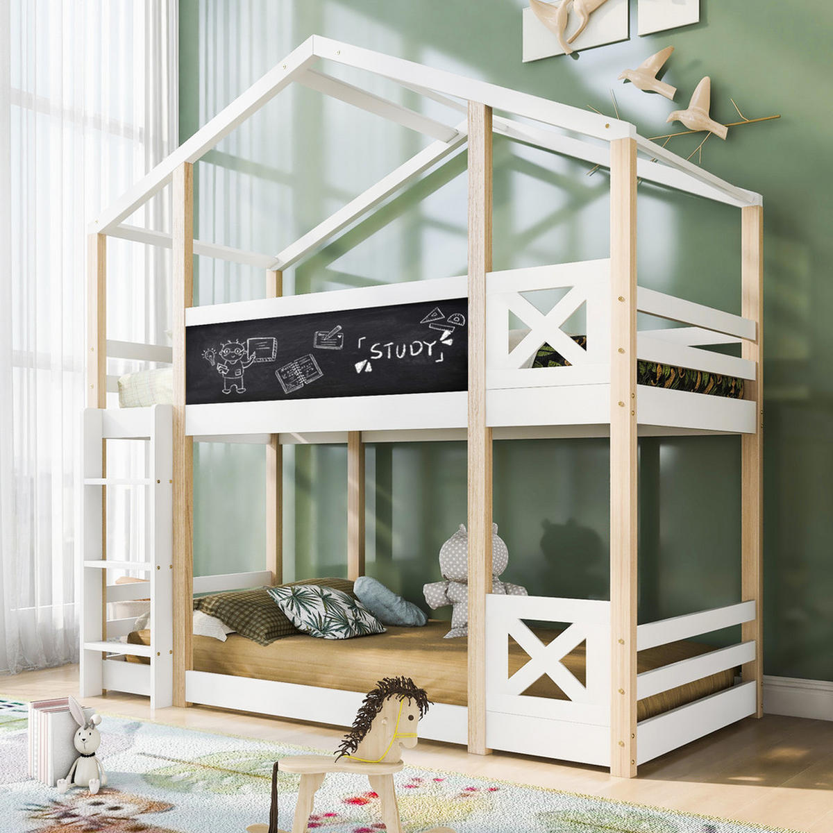 HOCHBETT BAUMHAUS 90x200cm mit Leiter Natur & Weiß - Weiß, Holz (90/200cm) - FLIEKS