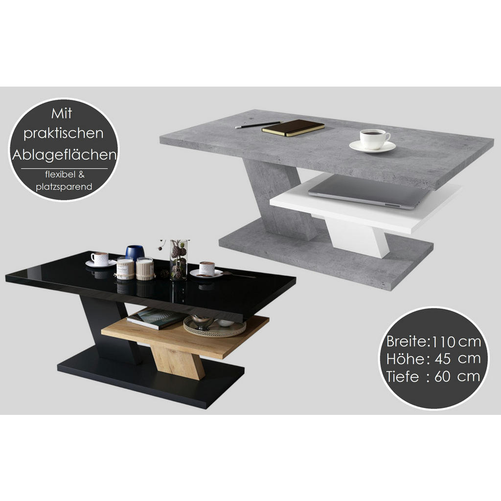 Thumbnail - designimpex Couchtisch, Weiß Hochglanz, Schwarz, Holzwerkstoff, 110x45x60 cm, Wohnzimmer, Wohnzimmertische, Couchtische