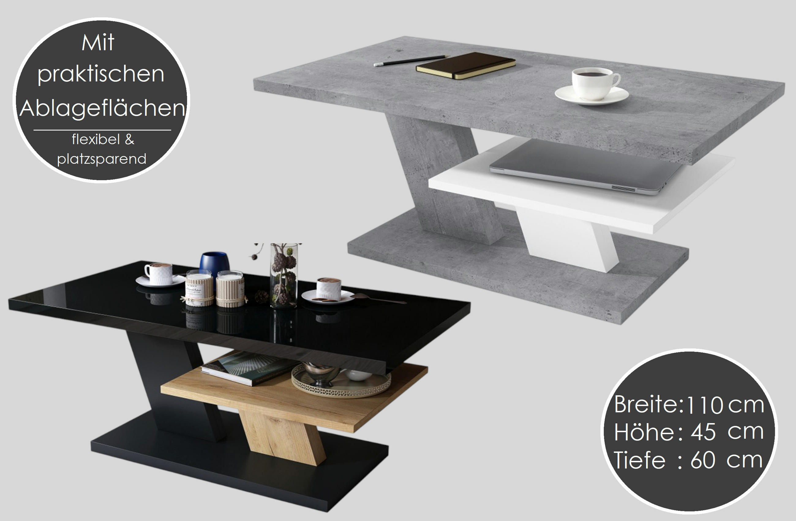 Thumbnail - designimpex Couchtisch, Weiß, Schwarz, Holzwerkstoff, 110x45x60 cm, Wohnzimmer, Wohnzimmertische, Couchtische