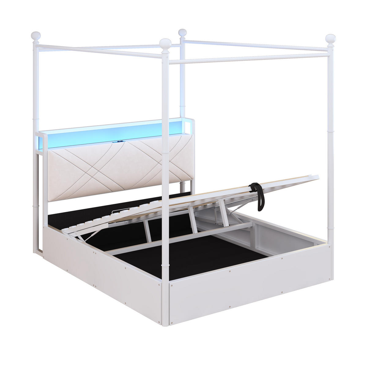 POSTEĽ s baldachýnom 140/190 cm biela s úložným priestorom, LED a USB/Type-C z kovu - biela, kov (140/190cm) - OKWISH