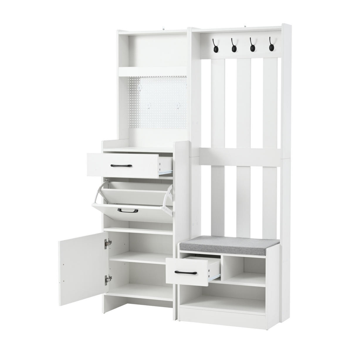 GARDEROBE 110/35/175,5 cm aus Spanplatte mit Schuhbank und 7 Haken Weiß - Weiß, Holzwerkstoff (110/175.5/35cm) - Modenvie