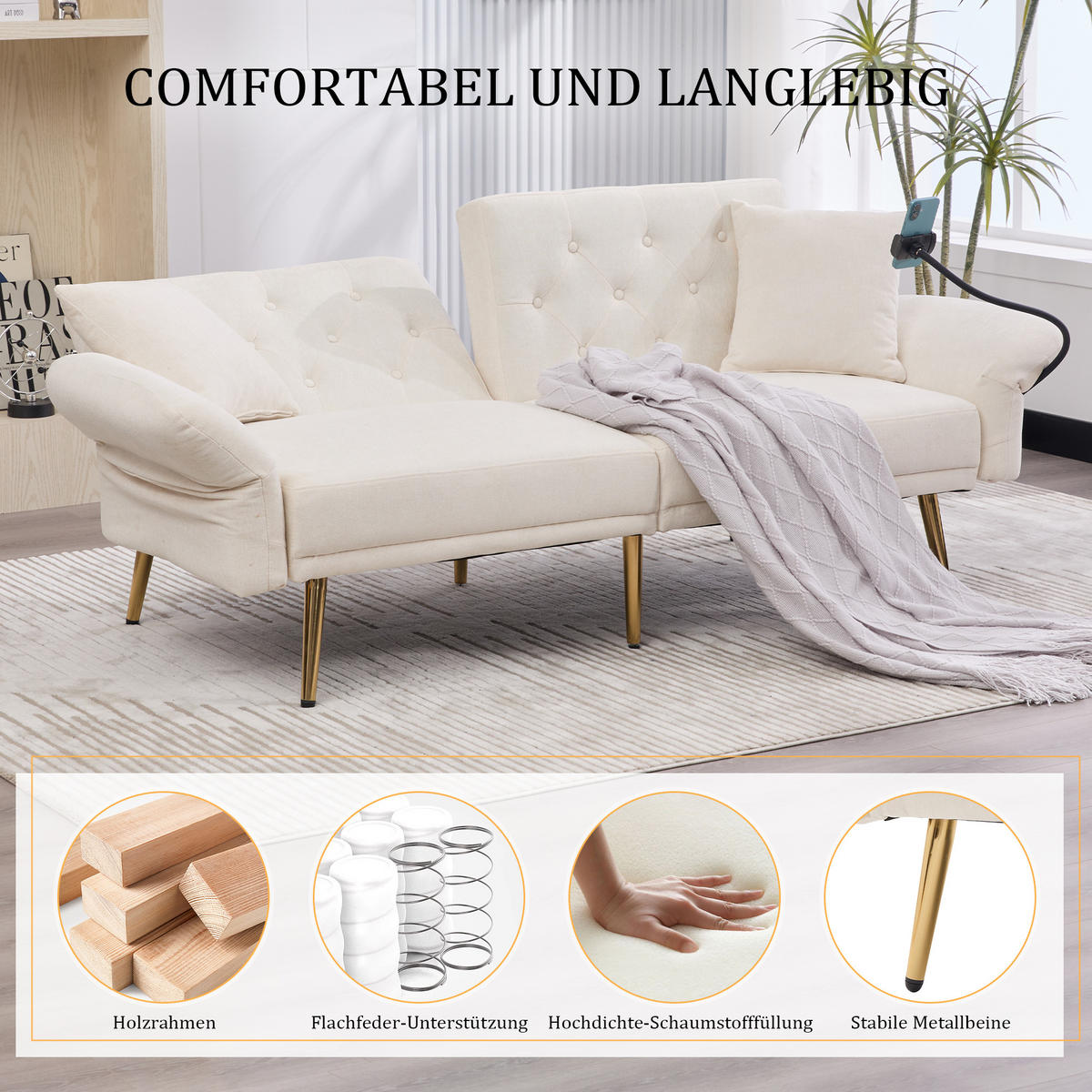 SCHLAFSOFA 2-Sitzer Chenille mit 3-fach verstellbarer Rückenlehne und USB-Anschluss Beige 173/78/78 cm - Beige, Textil (78/78/173cm)