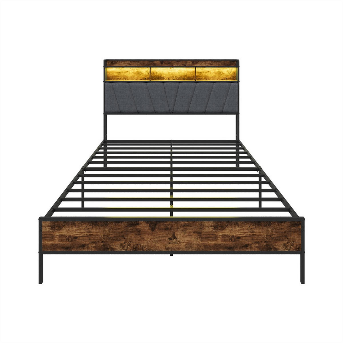 METALLBETT 140x200 cm mit LED Beleuchtung - Kopfteil-Stauraum - USB- und USB-C - Schwarz+Grau - ohne Matratze - Schwarz, Metall (140/200cm) - DELFA