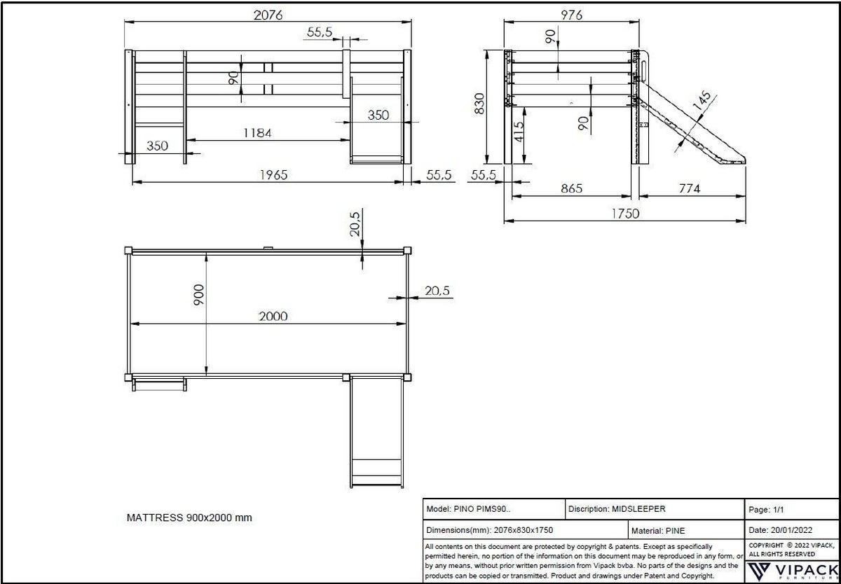 KOJENBETT mit Rutsche Karolina 208x83x175 aus Massivholz in Grau - Grau, Holz (90/200cm) - 58aufmkessel