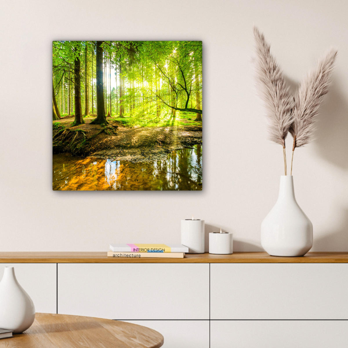 LEINWANDBILD Wald - Landschaft - Wasser - Bäume - Sonne - Grün - Natur Wandbild Wohnzimmer 50x50 cm - Grün, Textil (50/50cm) - MuchoWow