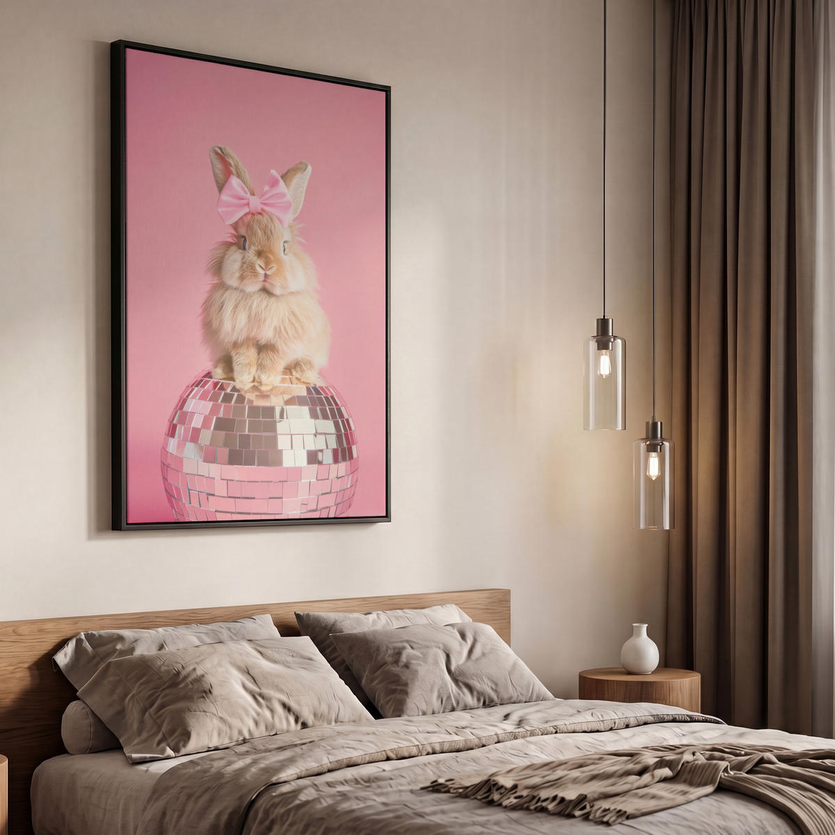 LEINWAND Bilder mit Rahmen - Schleife - Discoball - Kaninchen - 60x90 - Pink, Textil (60/90cm) - MuchoWow