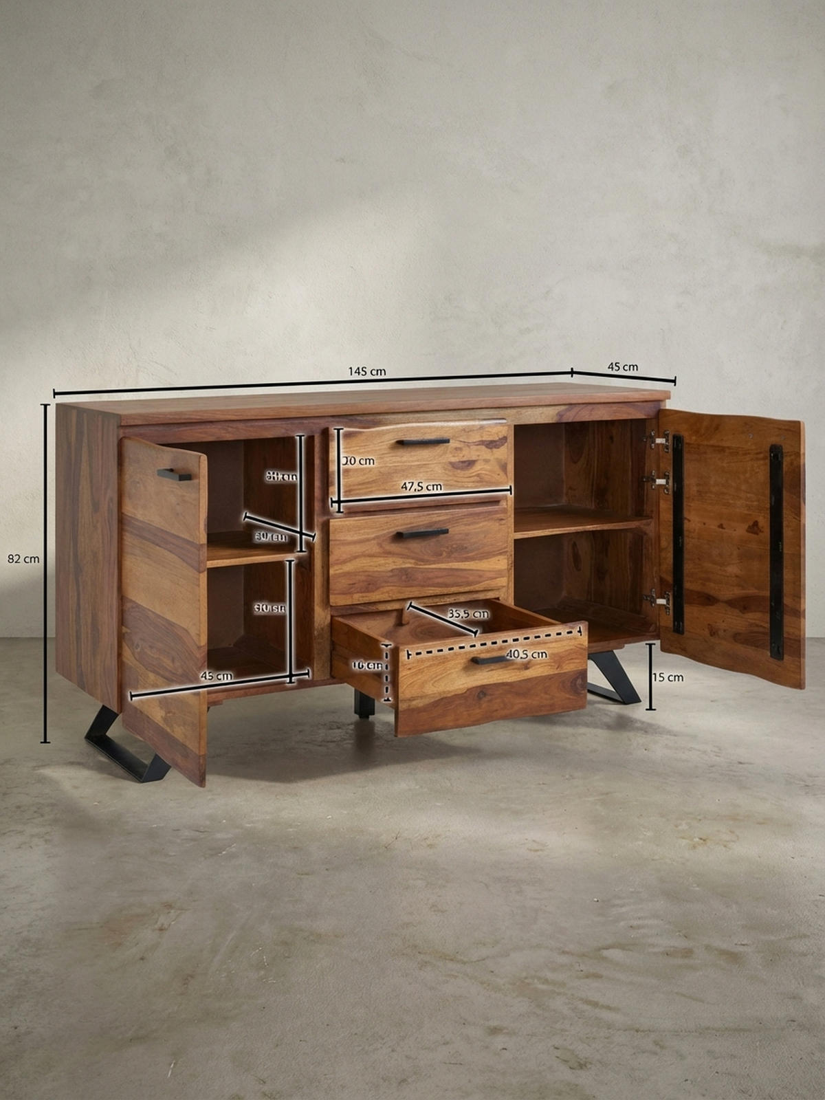 SIDEBOARD – Massivholz, 145x82x45 cm, mit Baumkante, Metallgestell - Schwarz/Braun, Holz/Metall (145/82/45cm) - KADIMA DESIGN