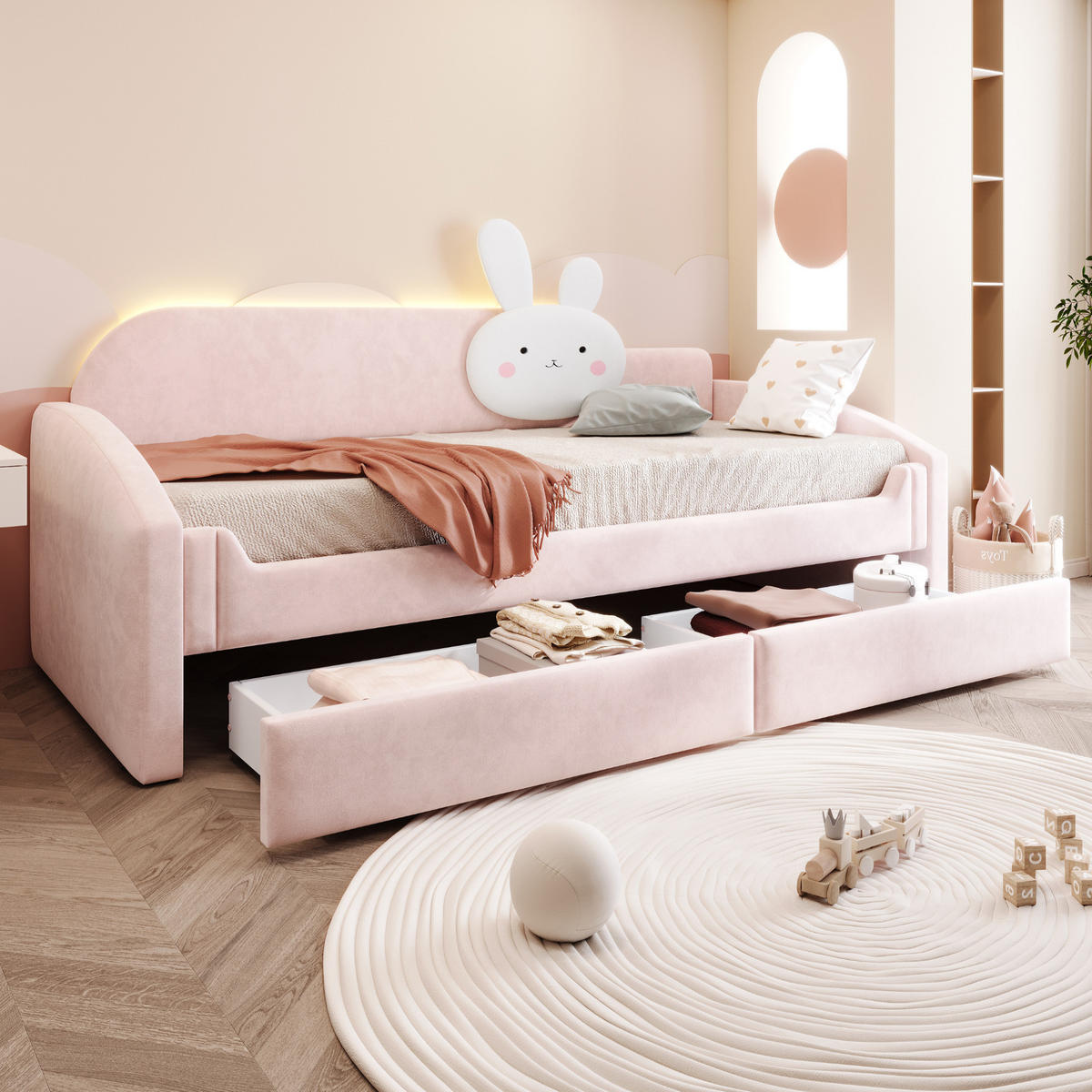 KINDERBETT 90/200 cm in Rosa mit 2 Schubladen, LED und Samt - Rosa, Holzwerkstoff/Textil - STILVORA