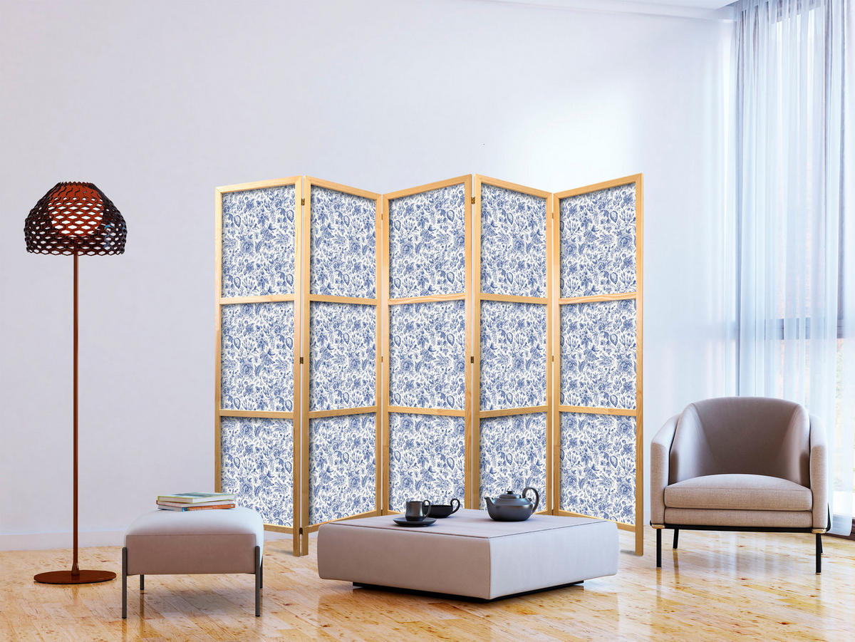 PARAVENT Japanischer 5-tlg 225x172 cm Blaue Blumen - Blau, Holz/Textil (225/172/3cm) - Muralo