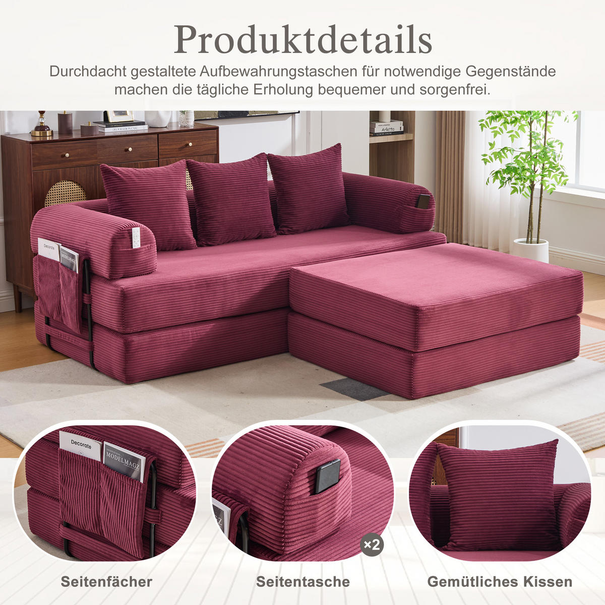 ECKSOFA Cord Weinrot mit Hocker und Kissen - Weinrot, Textil/Metall (218/285cm) - WISHDOR