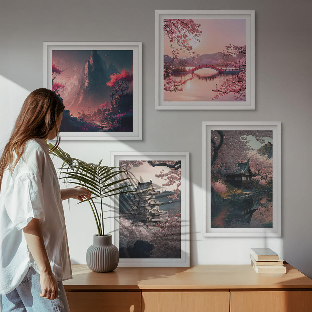 BILDER SET 4er Set - 50x50 cm & 40x60 cm Weißer Rahmen - Fantasielandschaften Japans - Weiß, Kunststoff (50/50cm) - TULUP